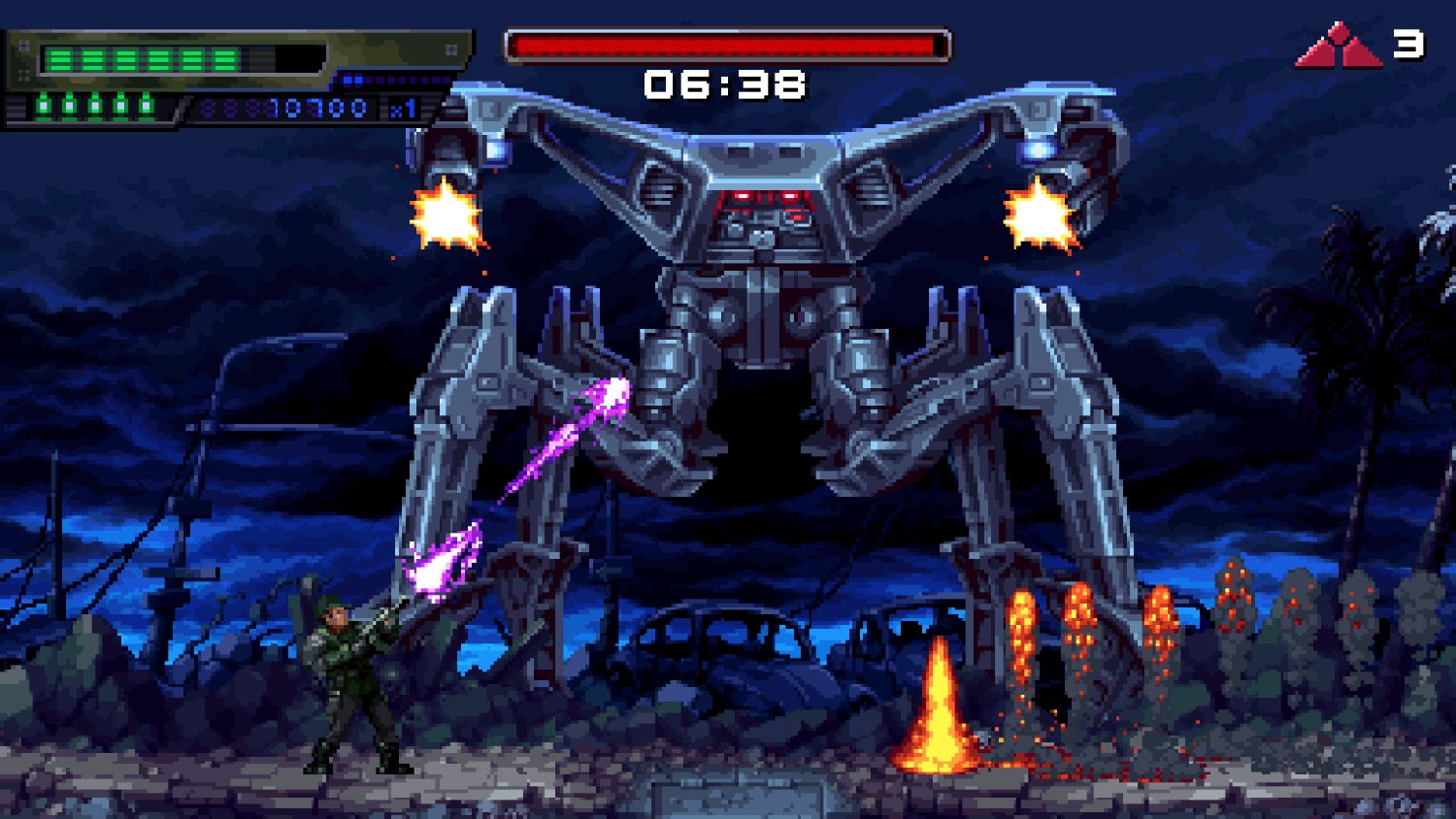 Escena de arte pixelado de un soldado disparando a un robot gigante que está disparando.