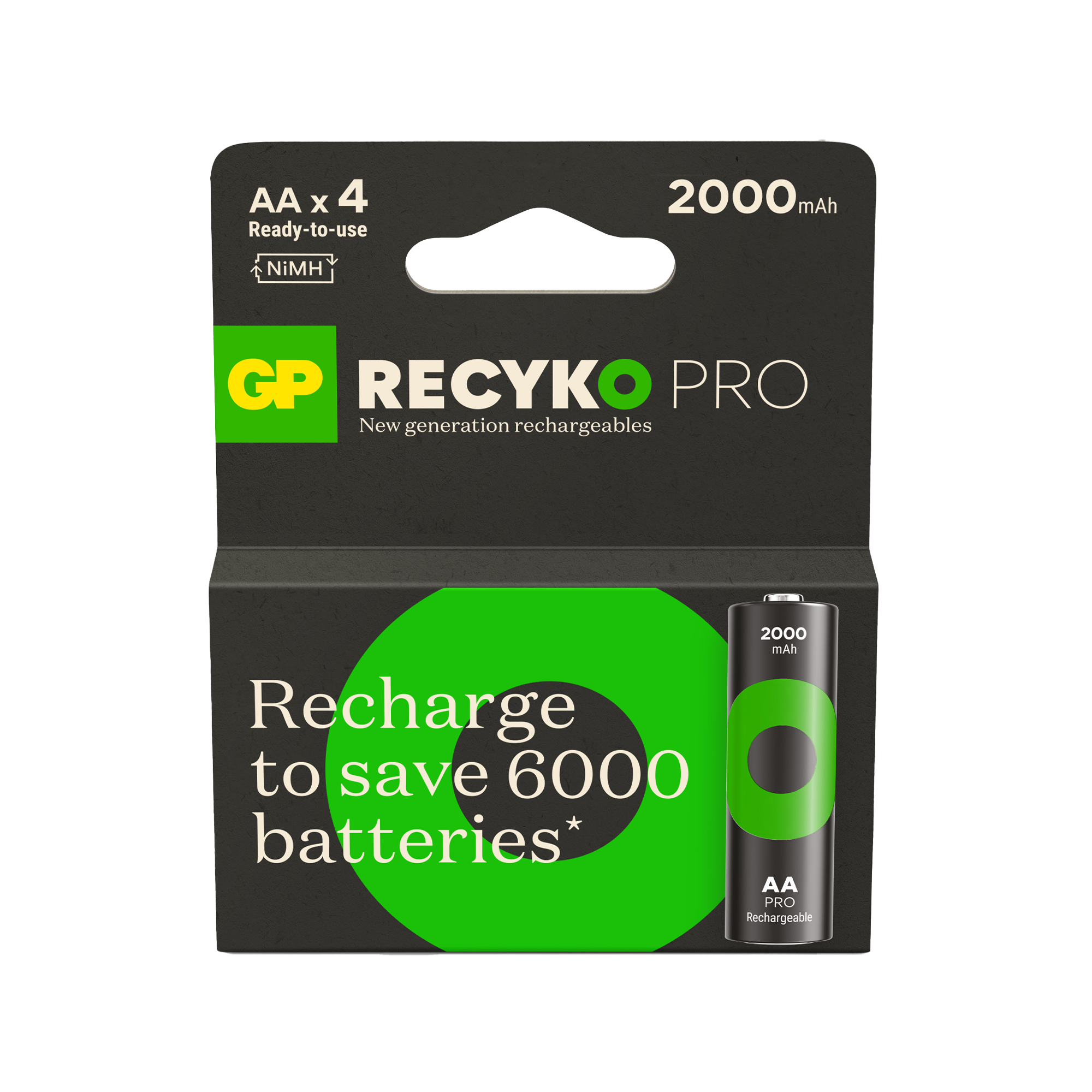 Siyah ve yeşil pil paketi 'GP RECYKO PRO' etiketli. Özellikler 'Recharge to save 6000 batteries*'.