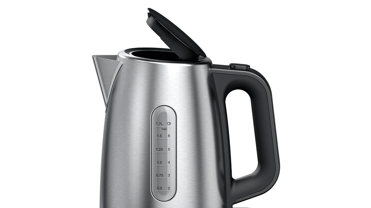 Czajnik elektryczny ze stali nierdzewnej, otwarte wieczko.