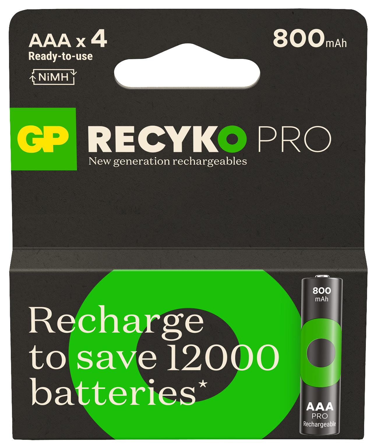 Metinli bir pil paketi: AAA x 4. 12000 pil tasarrufu için şarj edin. 800 mAh. Recyko Pro.