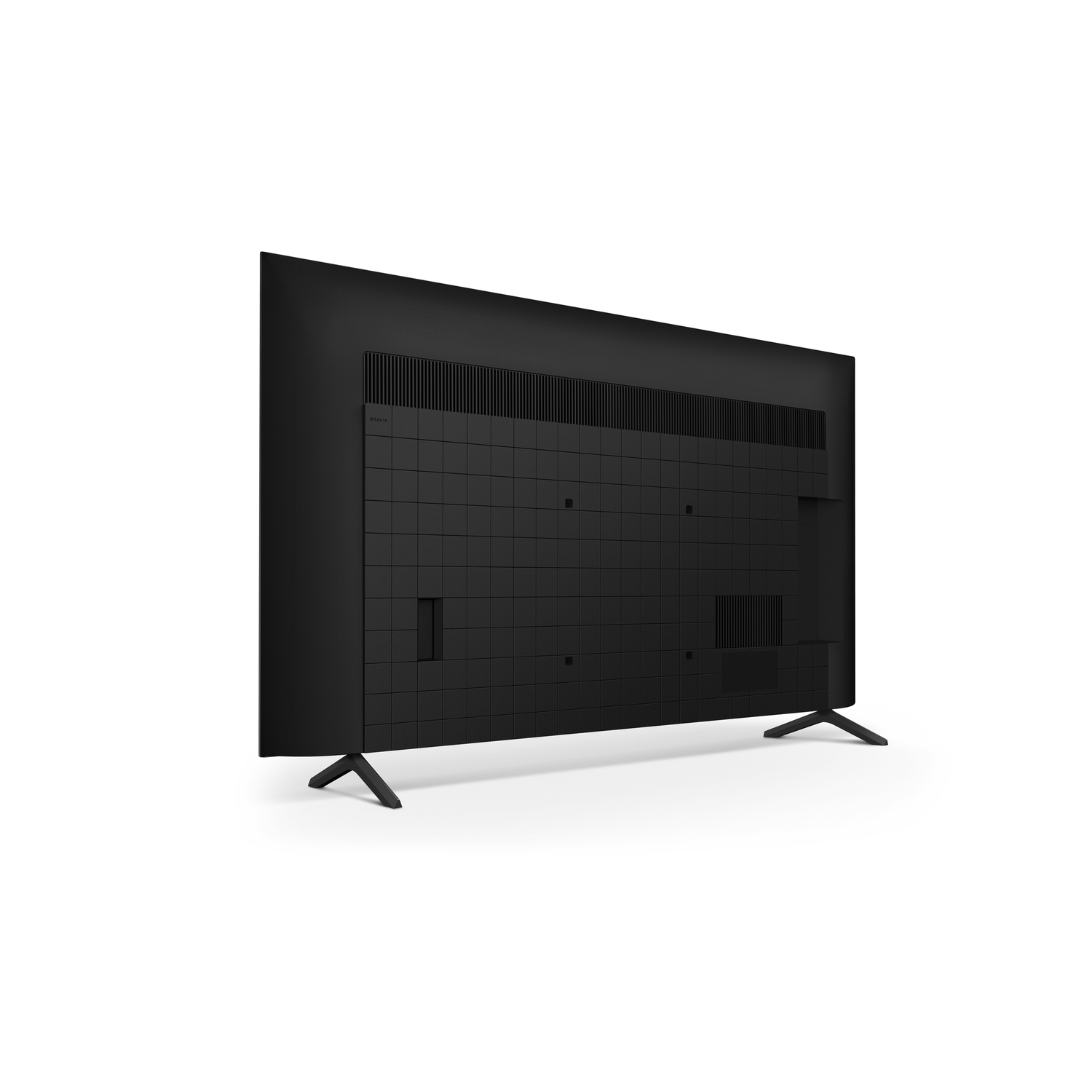 Back of a black TV, showing the back panel with vents and stand.