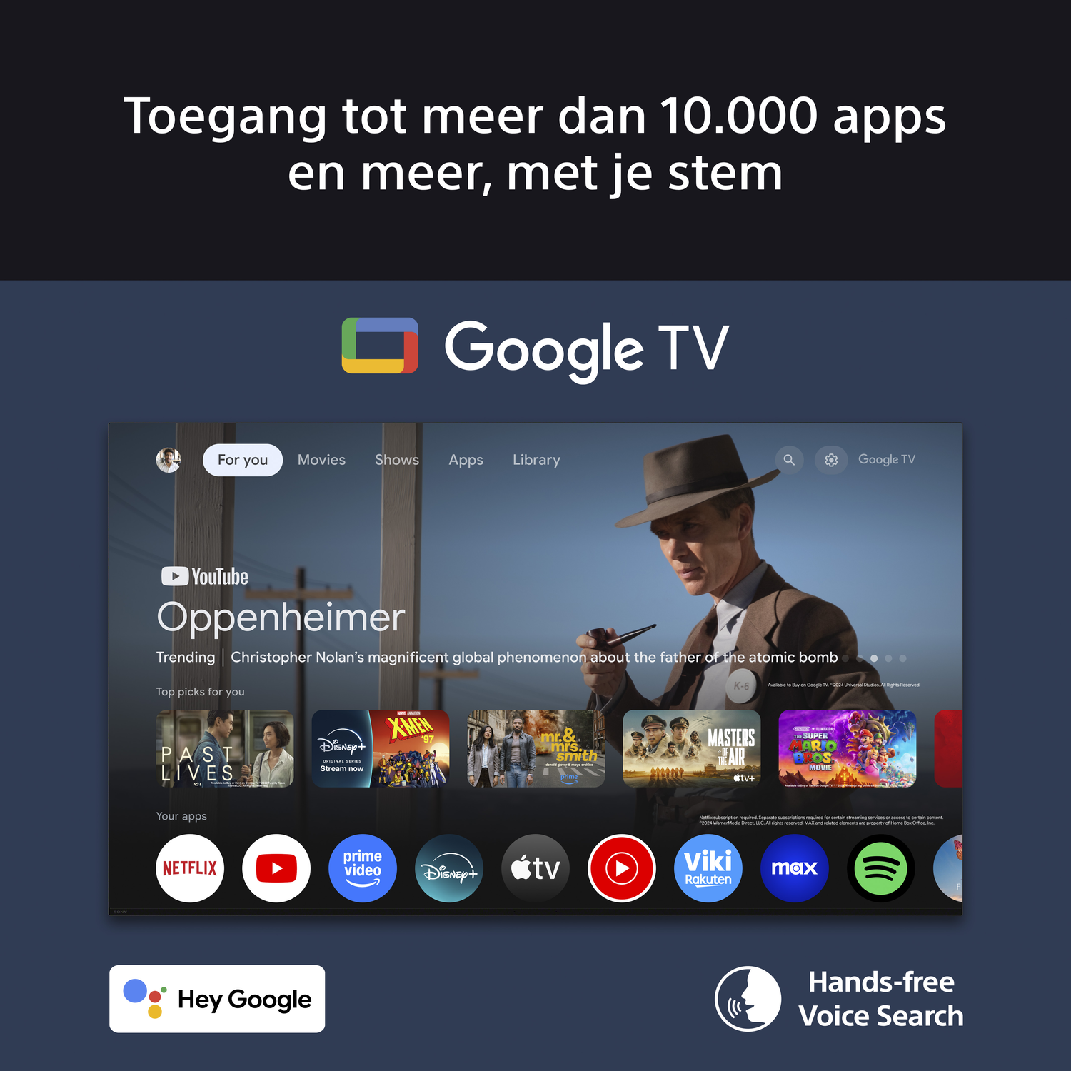 TV screen showing Google TV interface with apps. Text says 'Access to 10,000+ apps and more, with your voice'.