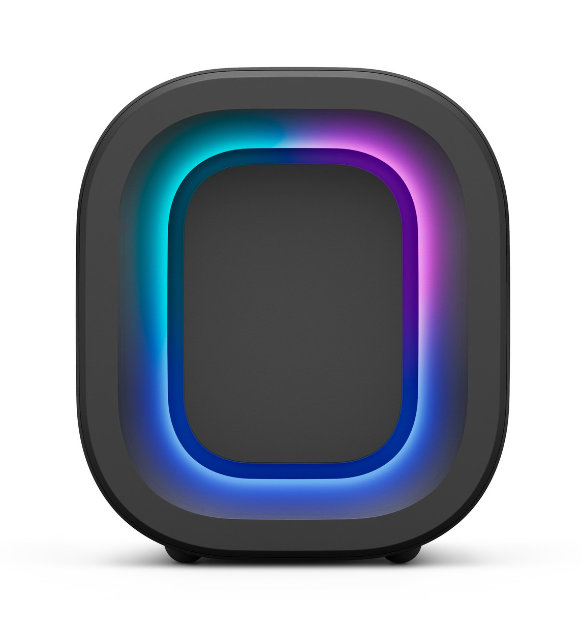 Czarny owalny głośnik z kolorowym efektem świetlnym.