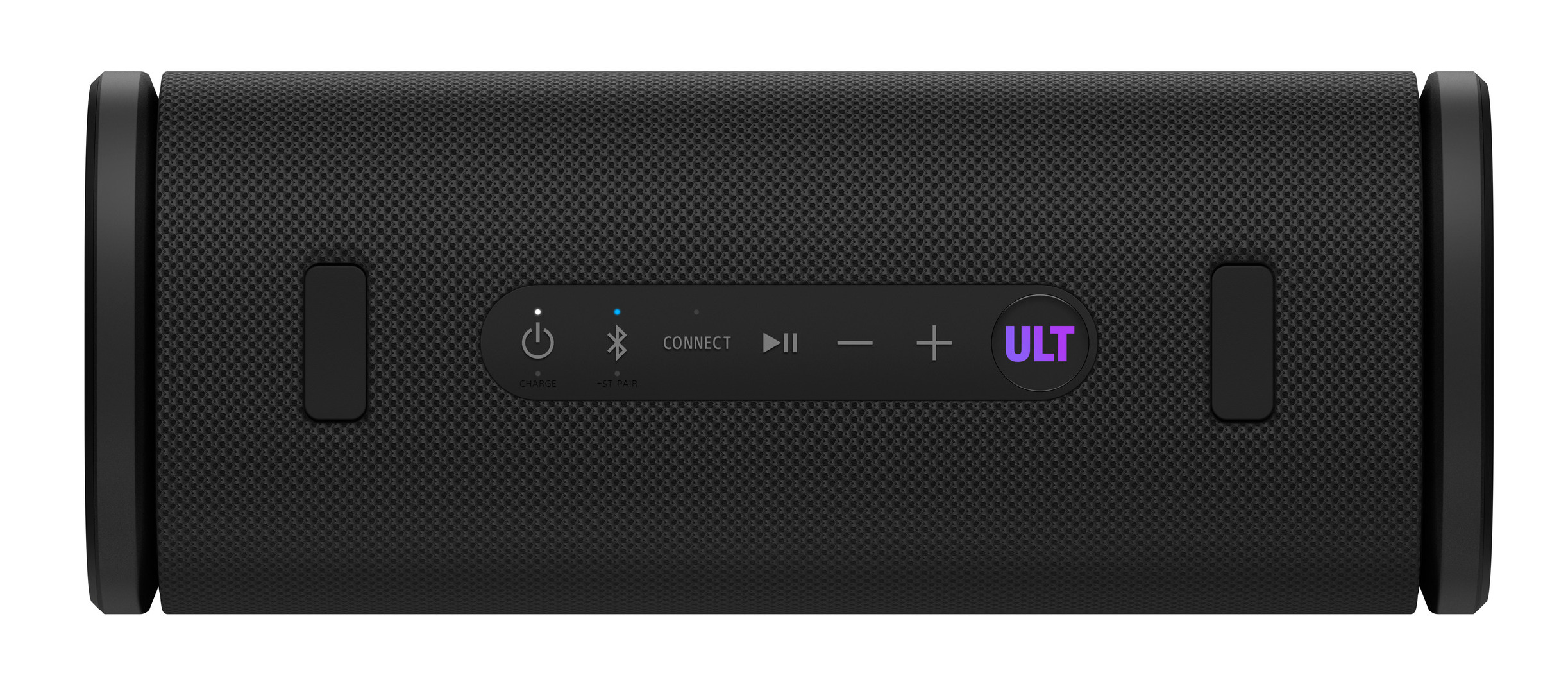 Czarny prostokątny głośnik z przyciskami. Widoczne zasilanie, Bluetooth, głośność i logo ULT.