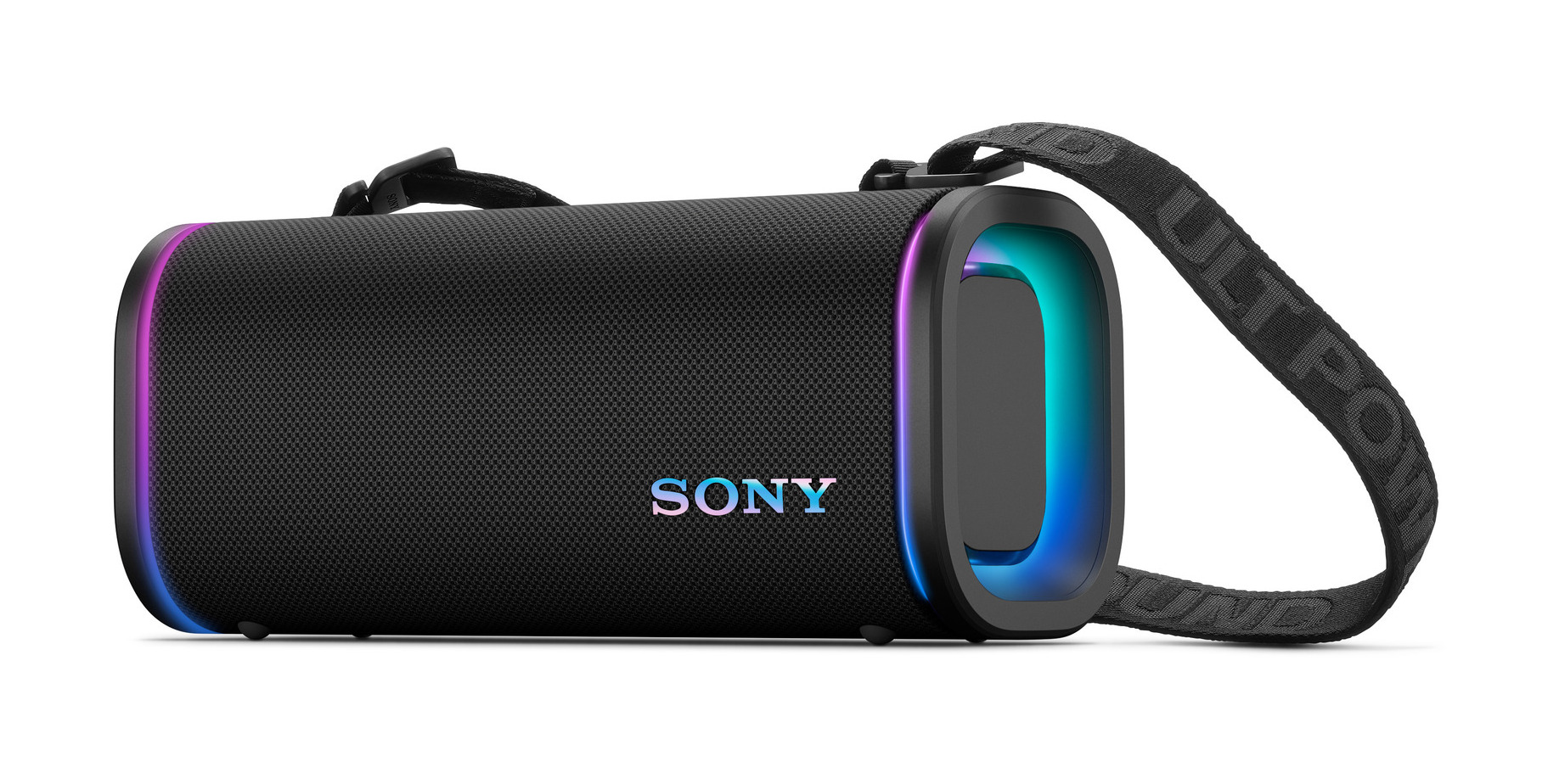 Czarny głośnik Sony z kolorowymi światłami bocznymi.