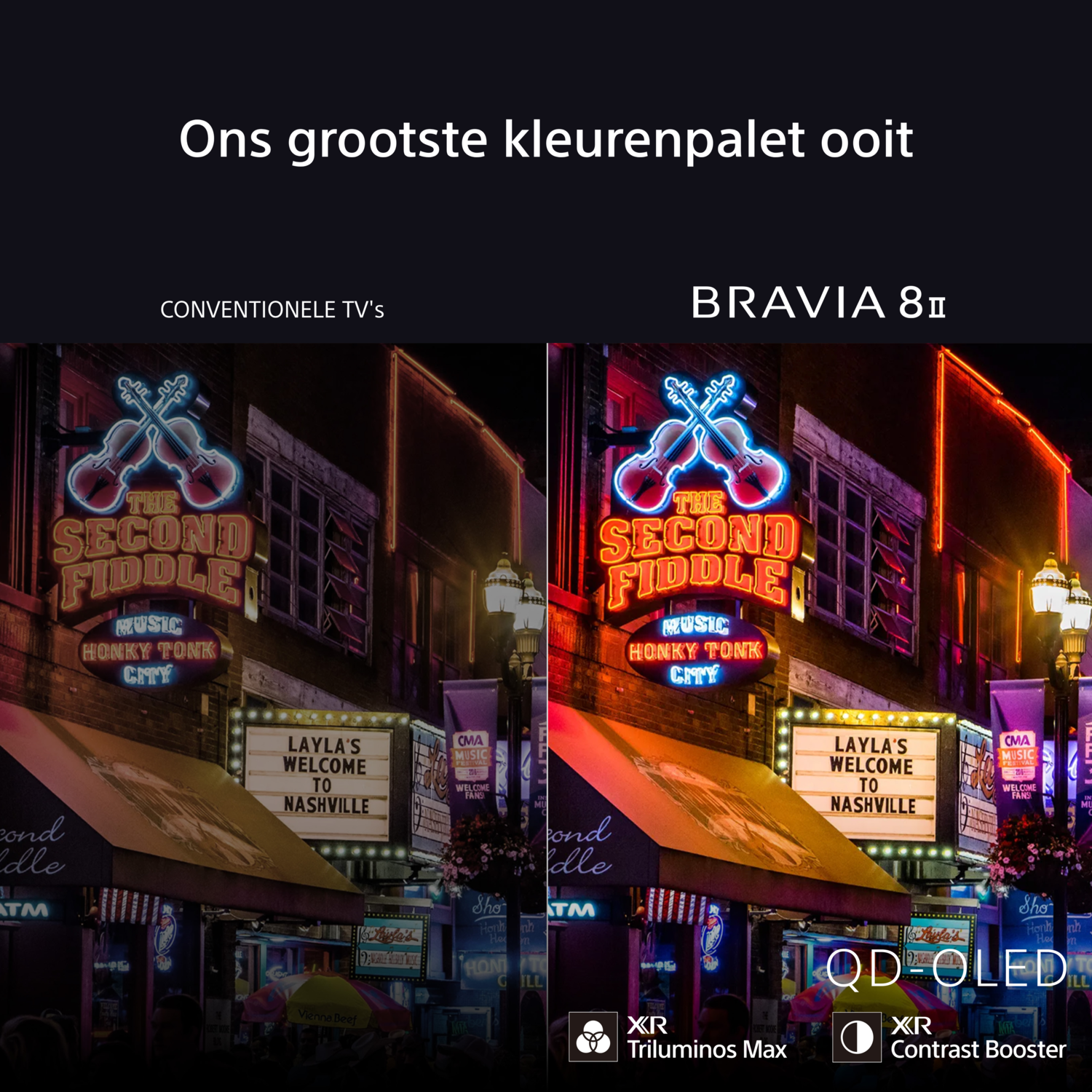 Afbeelding die twee tv's vergelijkt. Eén toont de traditionele look, de andere de BRAVIA 8. QD-OLED is gelabeld.