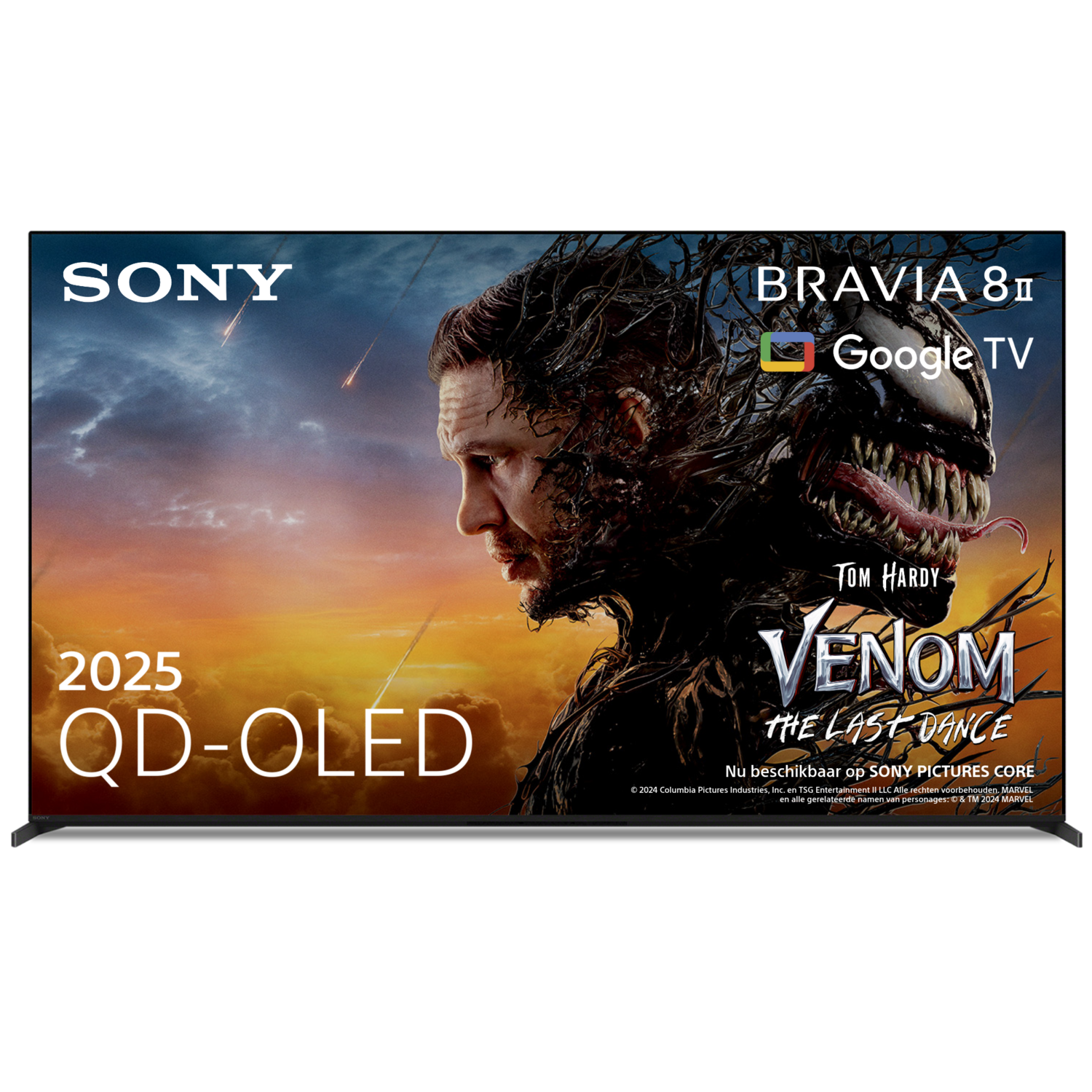 Een Sony Bravia TV toont de film Venom. De poster toont Tom Hardy en het Venom-personage.