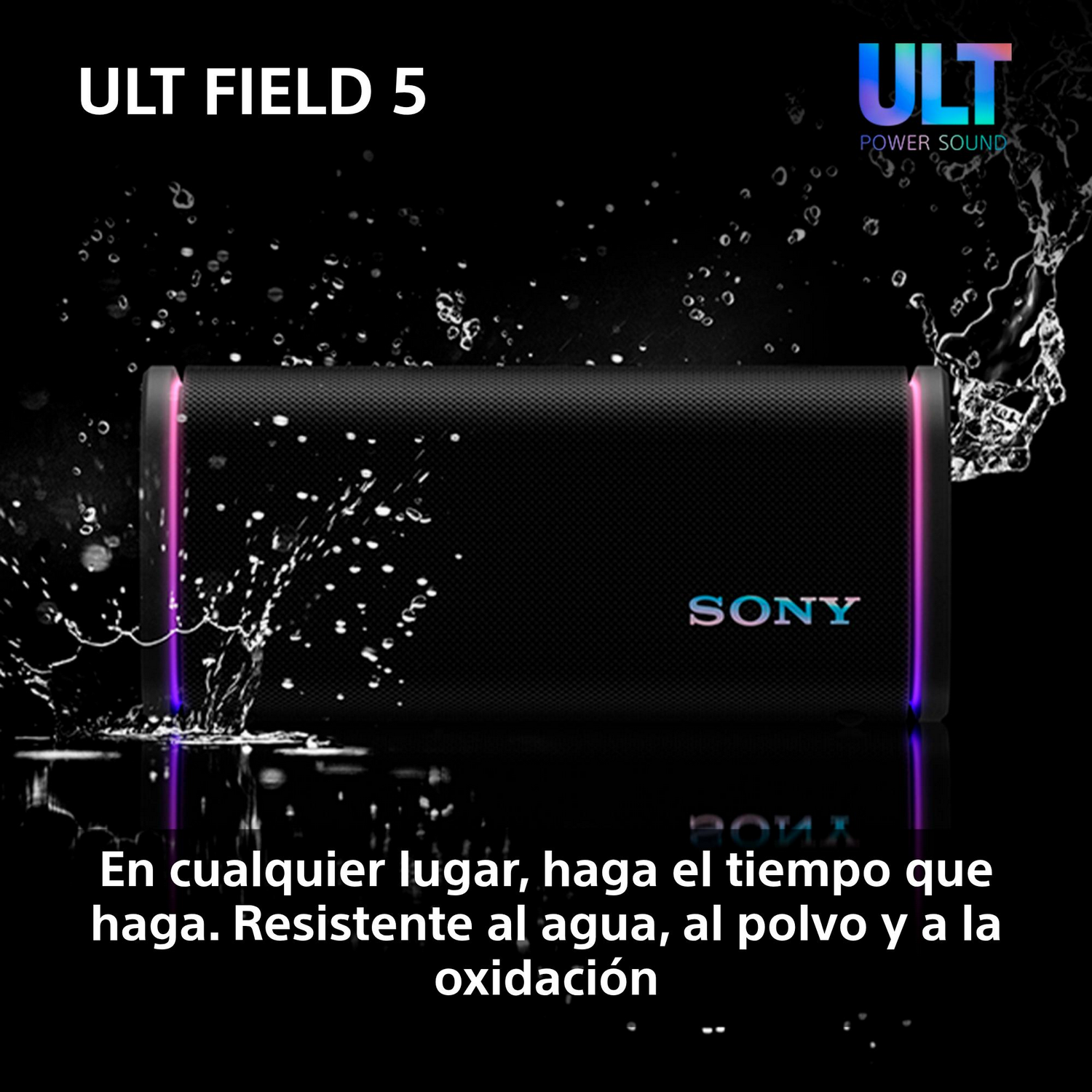 Altavoz negro con salpicaduras de agua, con texto en español.
