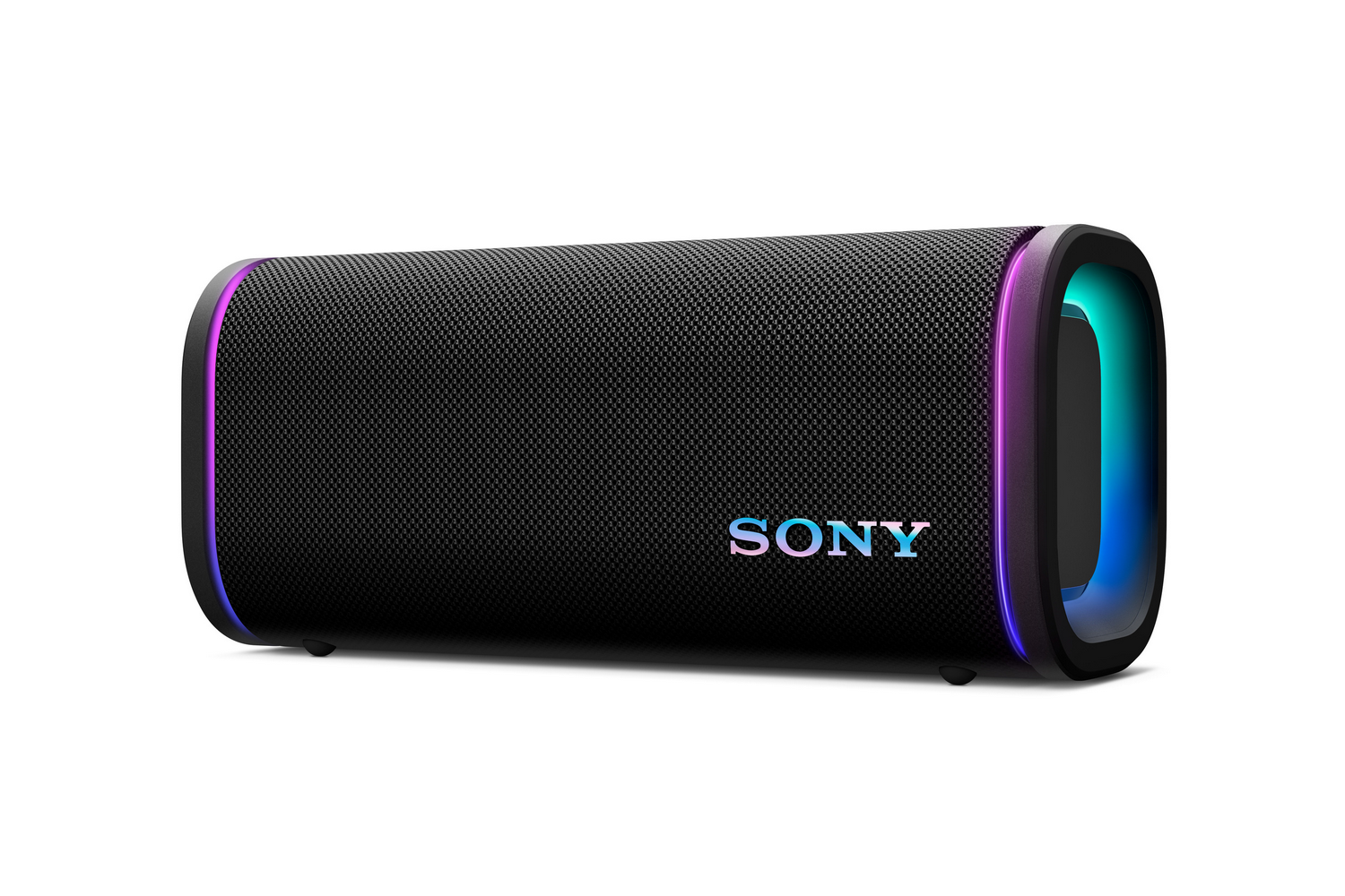 Altavoz negro sobre fondo blanco. La palabra "SONY" está en el centro. El altavoz tiene luces azules y moradas.
