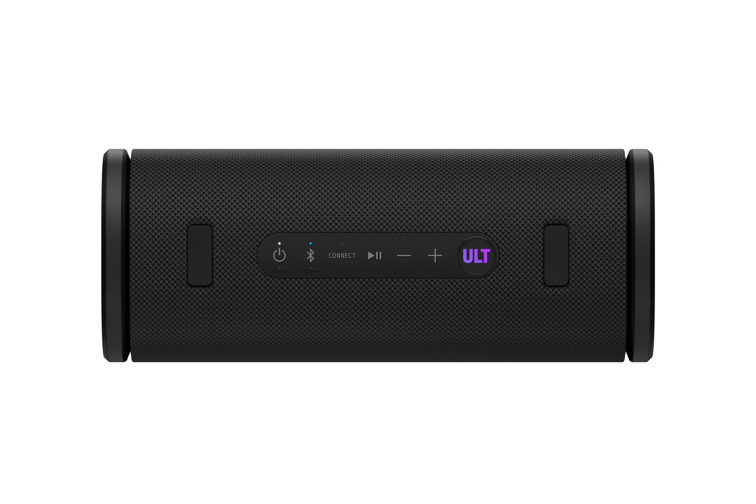 Altavoz negro con los botones de encendido, conectar, más y menos.
