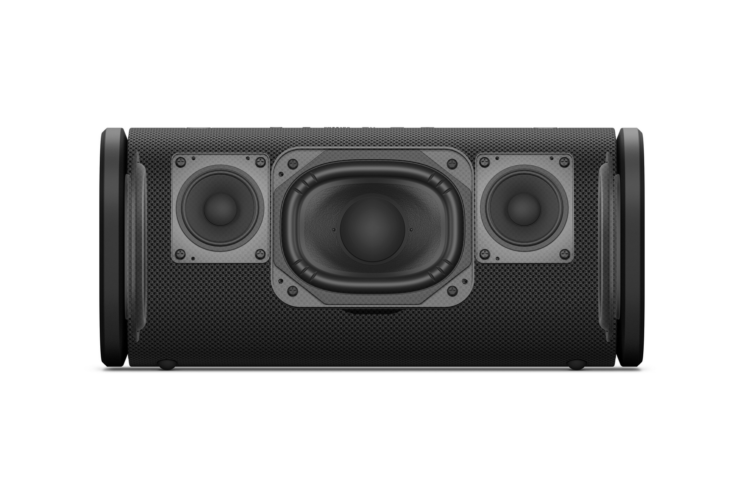 Altavoz negro con tres altavoces visibles, dos a los lados y uno en el centro.