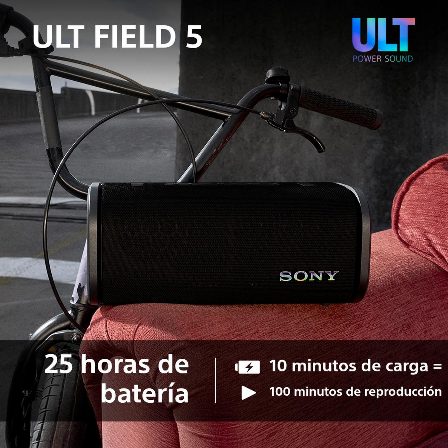 Altavoz Sony negro en bicicleta con texto.