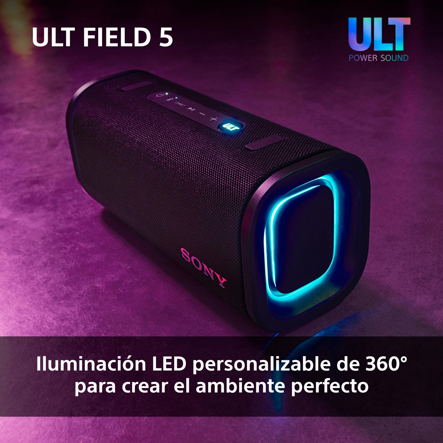 Altavoz negro con luz azul y la palabra SONY.