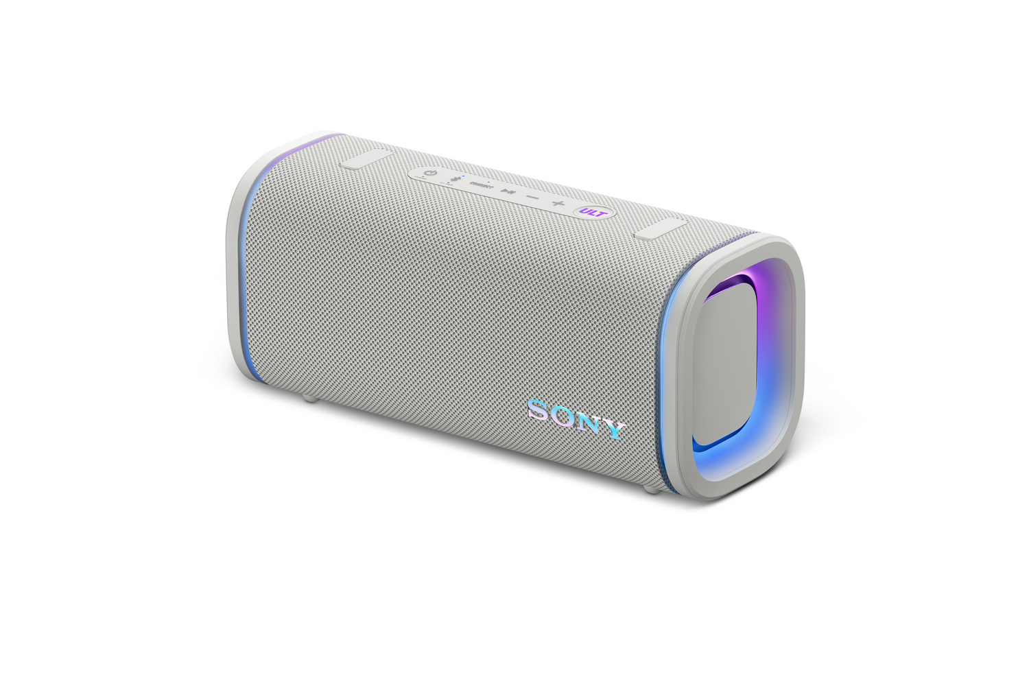 Un altavoz blanco y azul con el logotipo de Sony.
