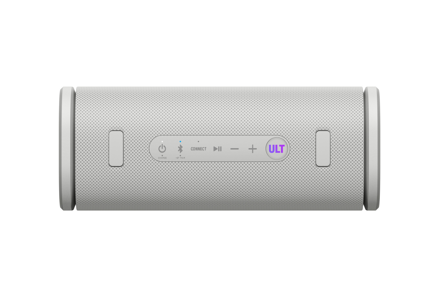 Altavoz blanco con botones y cubierta de altavoz, aislado sobre blanco.