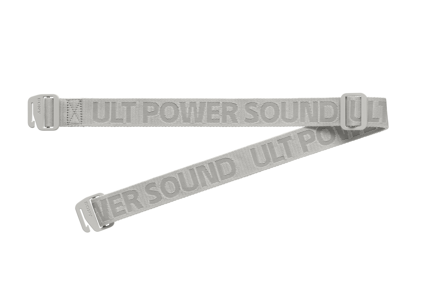 Dos correas gris claro con hebillas. 'ULT POWER SOUND' está escrito en letras grises sobre un fondo blanco.