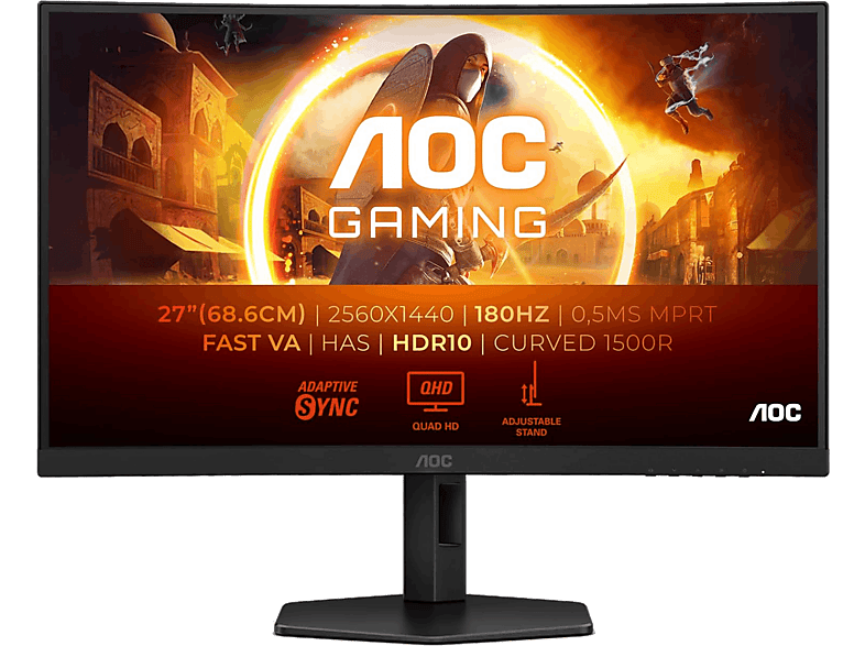 AOC CQ27G4X, 27 QHD, 180 Hz, 1 ms GtG, 0.5 MPRT, VA, Adaptive Sync, Curvo, Altura Ajustable, Negro
