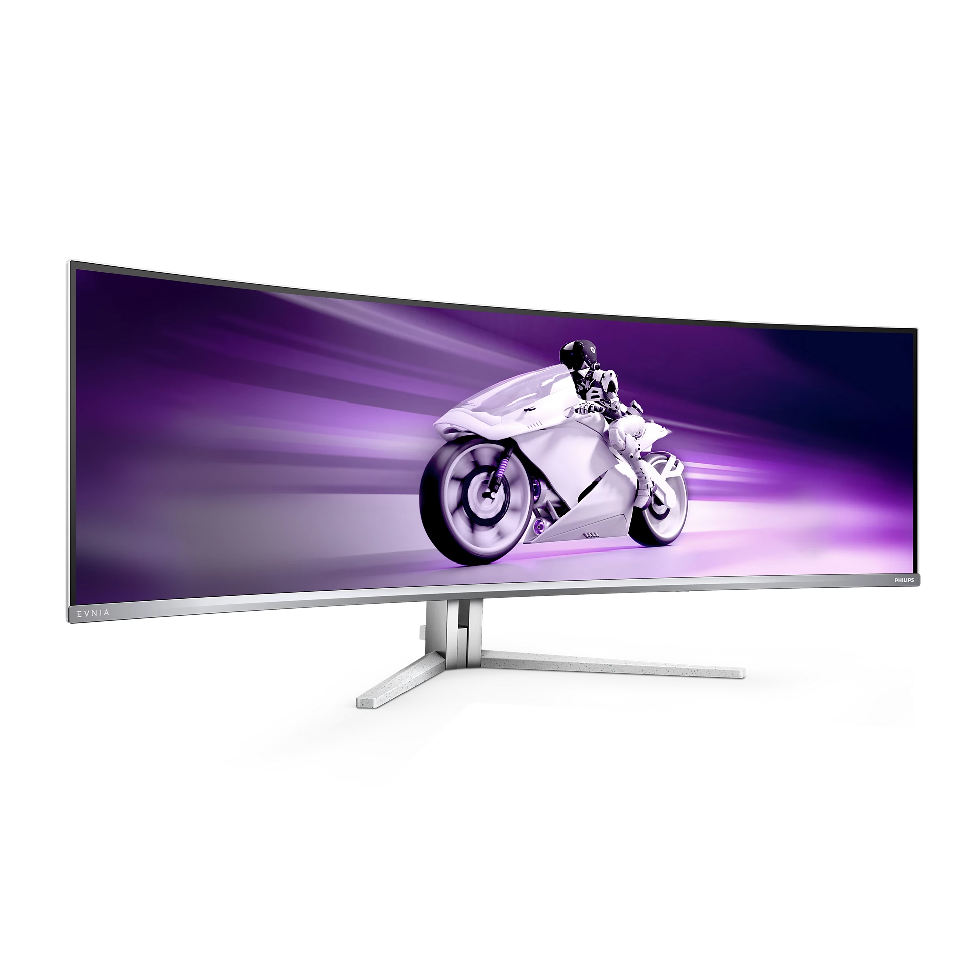 Un monitor curvo muestra una moto. El fondo es un degradado de morado a blanco.