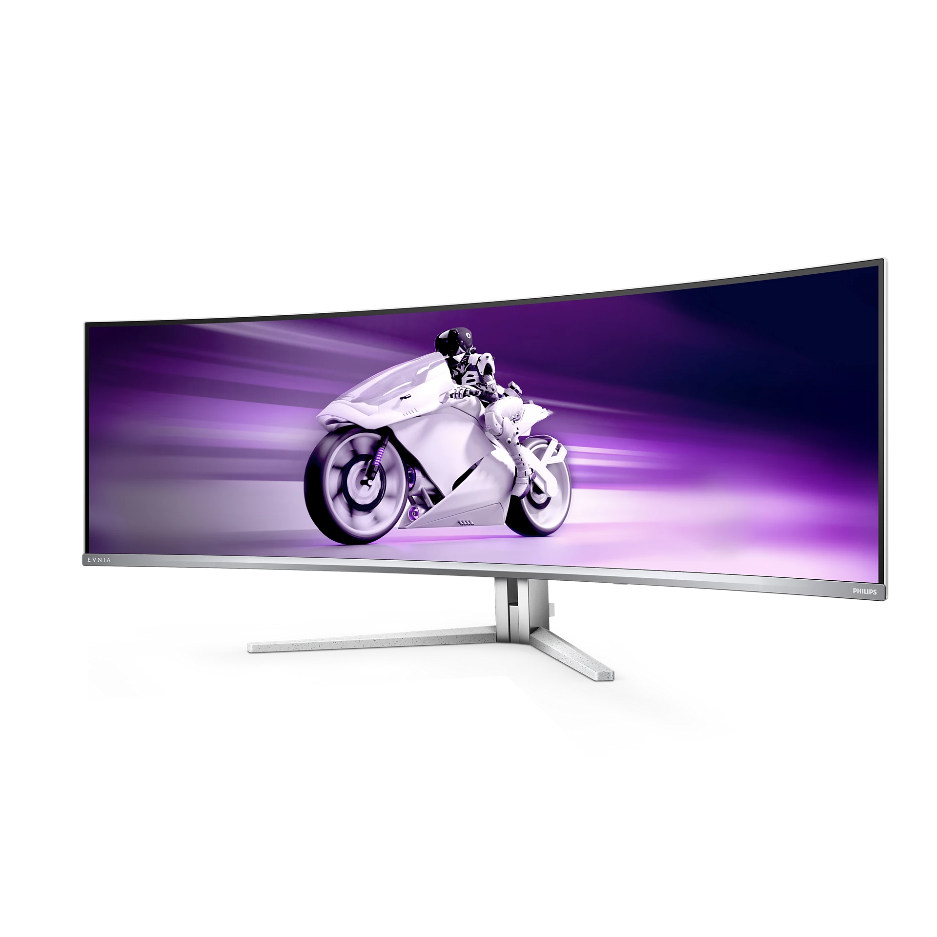 Monitor curvo que muestra a un corredor de motocicletas. El monitor es plateado con un soporte delgado.