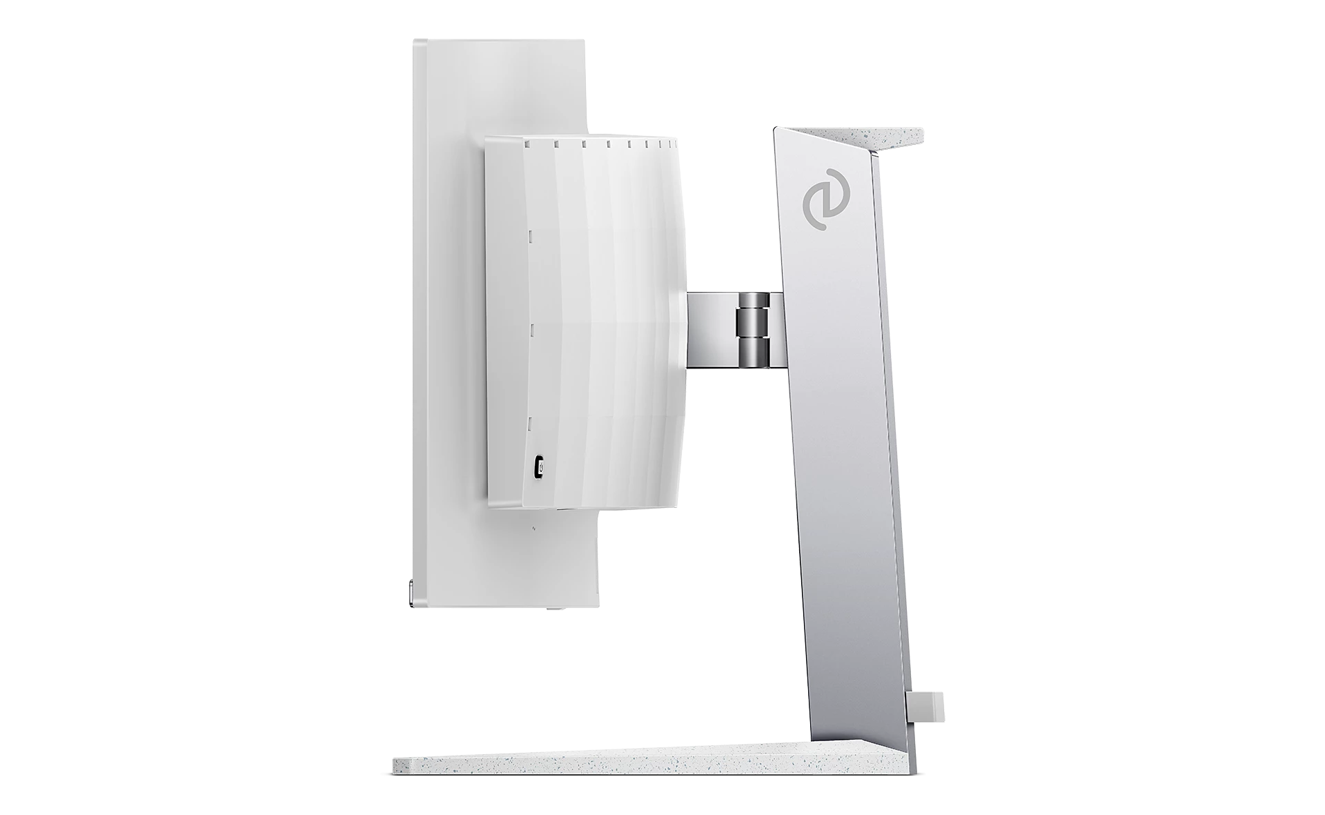 Soporte de monitor de computadora blanco con un brazo de monitor.