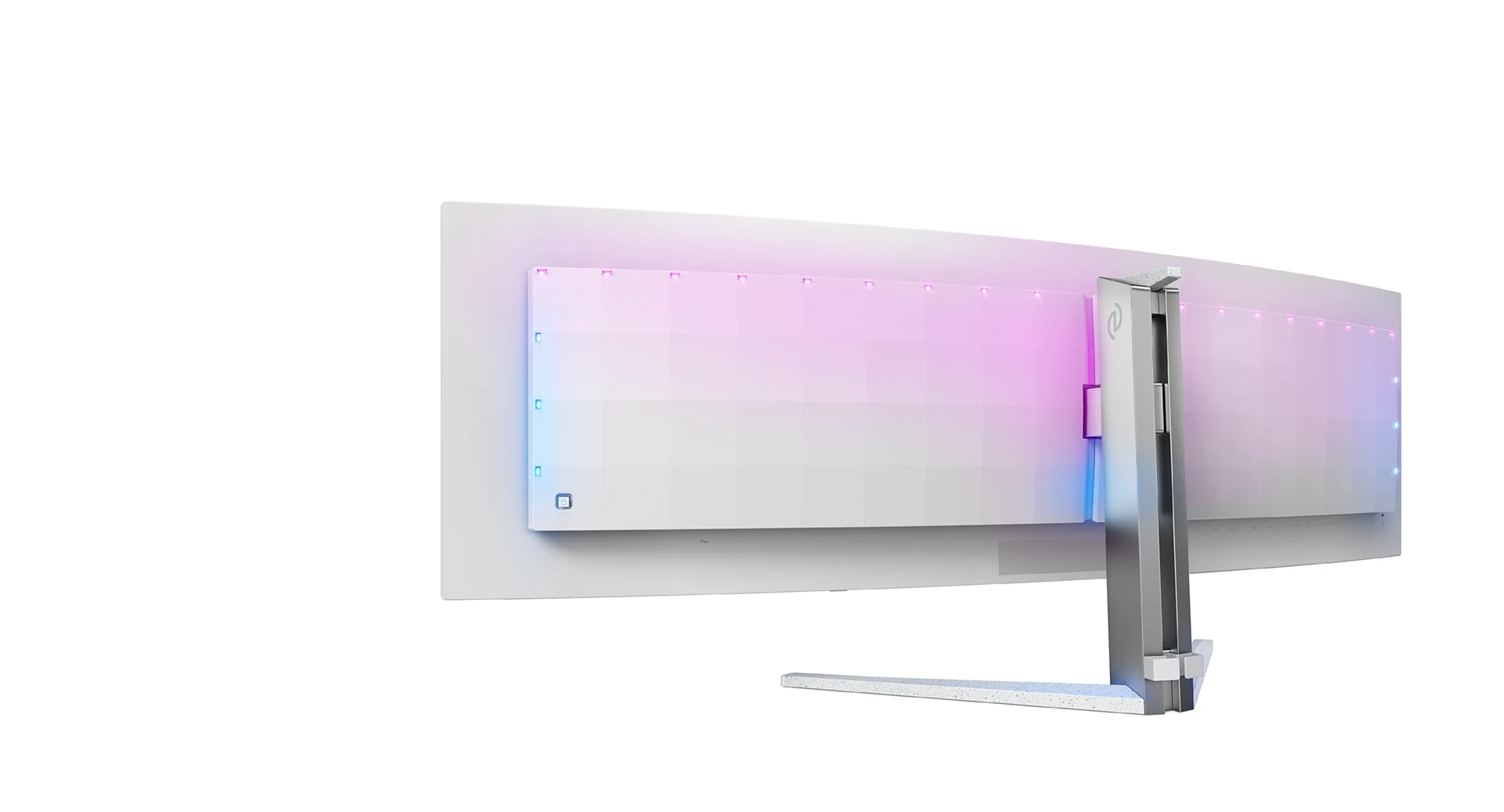 Un monitor blanco curvado con soporte. Tiene una pantalla de luz en la parte posterior, azul y rosa.