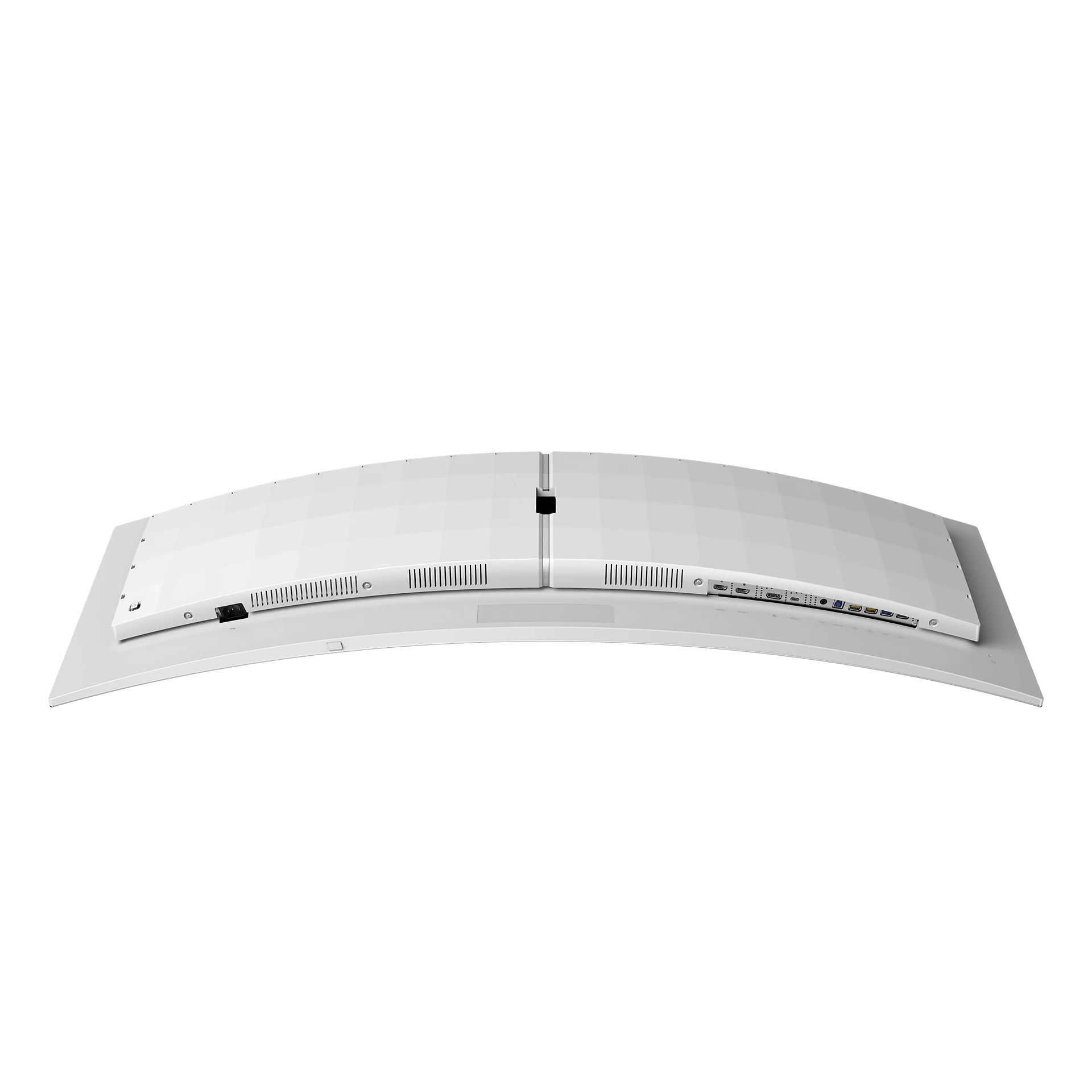 Monitor curvo blanco. Vista trasera, con puertos y conexión de alimentación visibles.