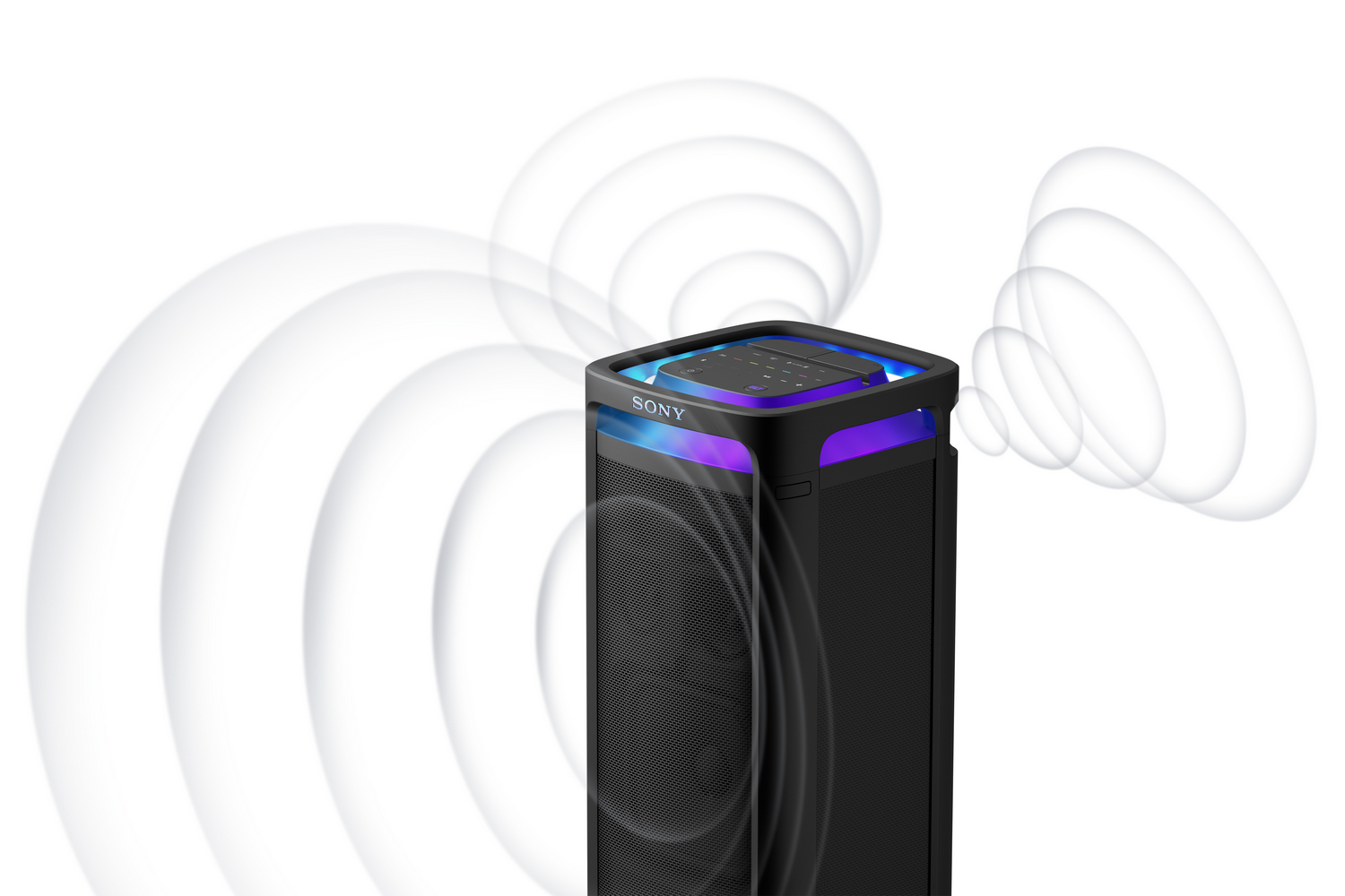Altavoz Sony negro con efectos de luz. Ondas de sonido emanan del altavoz sobre fondo blanco.