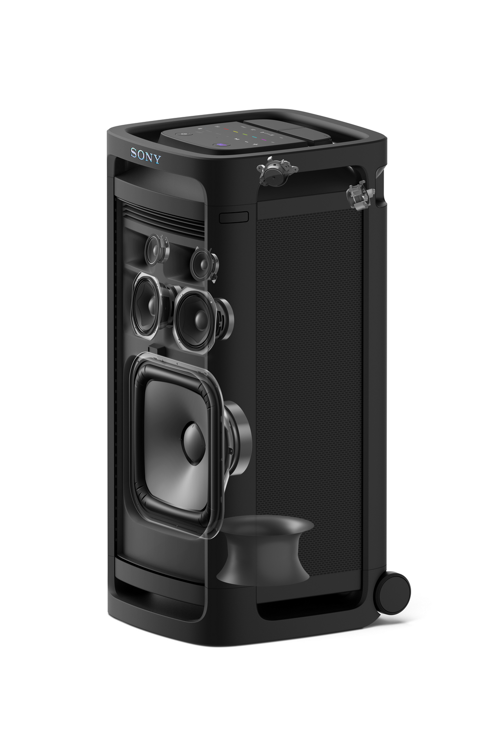 Un altavoz negro cortado. En el interior hay altavoces y otros componentes. La marca es Sony.