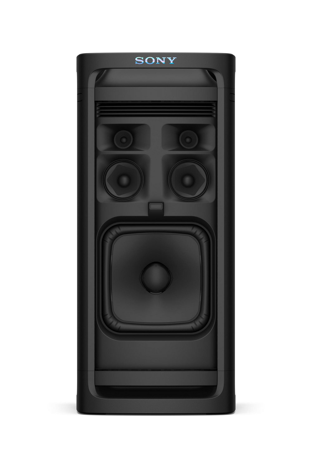 Altavoz negro con el logotipo de Sony. Tiene rejillas de altavoz y un altavoz de graves grande. Fondo blanco.