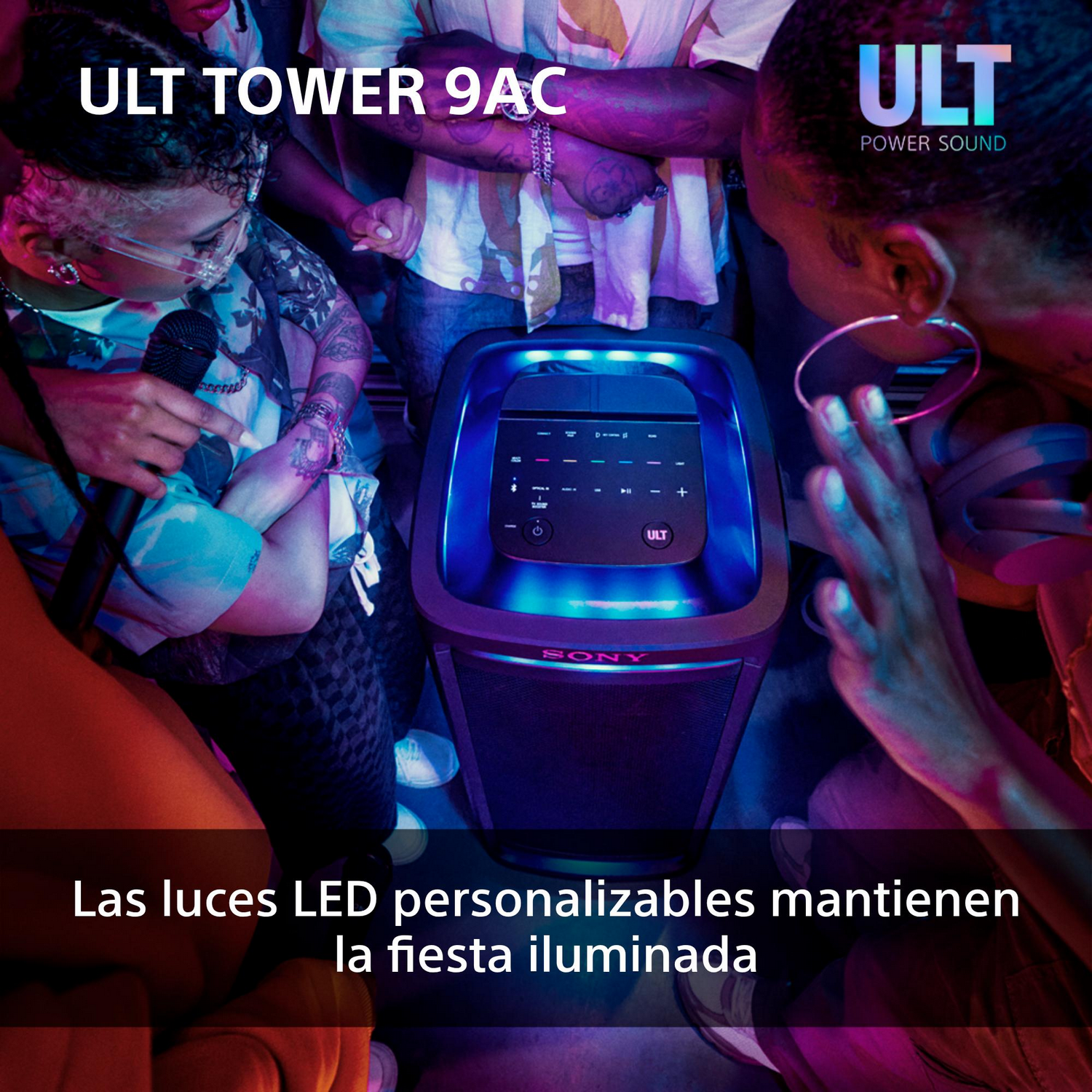La gente está de fiesta alrededor de un dispositivo. El texto dice "Las luces LED mantienen la fiesta encendida".