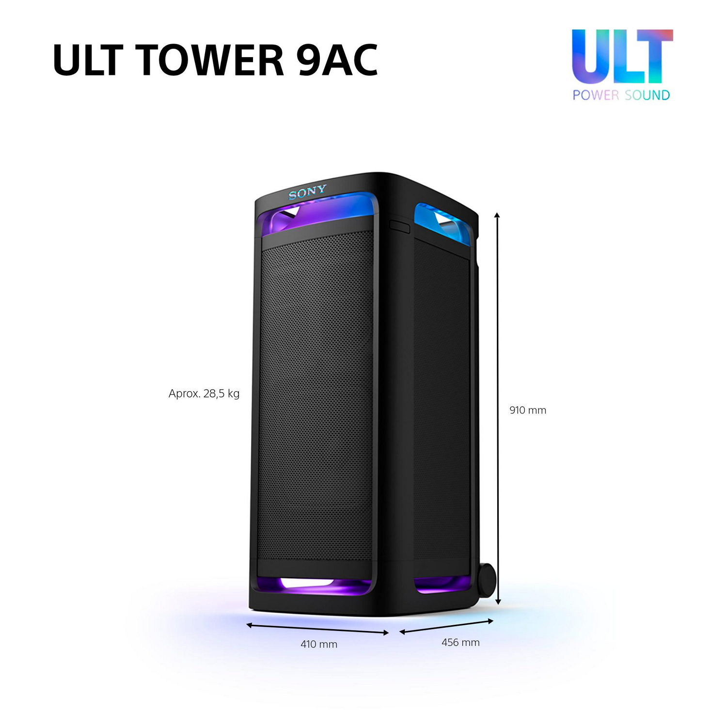 Un altavoz de torre negro con detalles de dimensiones. Tiene luces coloridas arriba y abajo.