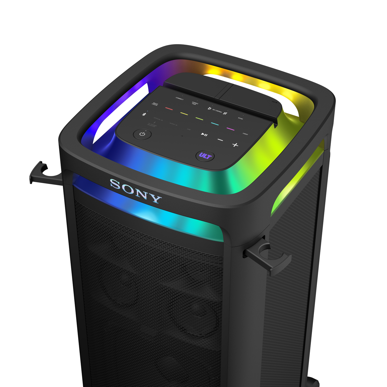 Altavoz Sony negro y gris con luces en la parte superior. Se ven botones y la palabra 'ULT'.