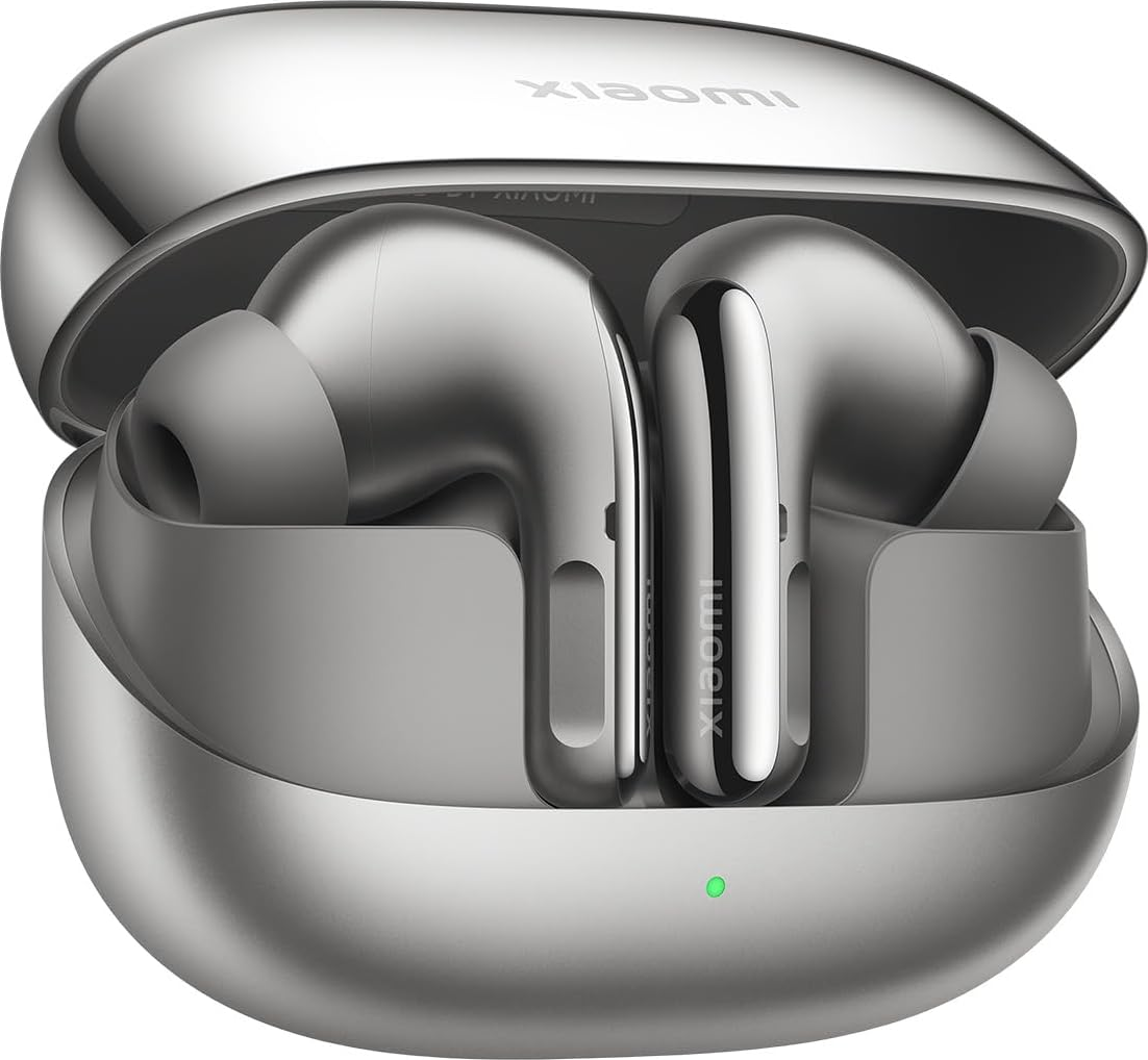Auricolari argentati in custodia metallica. Il coperchio è aperto. 'Xiaomi' è visibile.