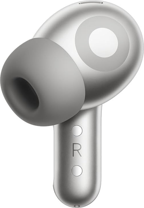 Un auricolare argento e grigio con una punta in gomma grigia e una piccola 'R' sullo stelo.