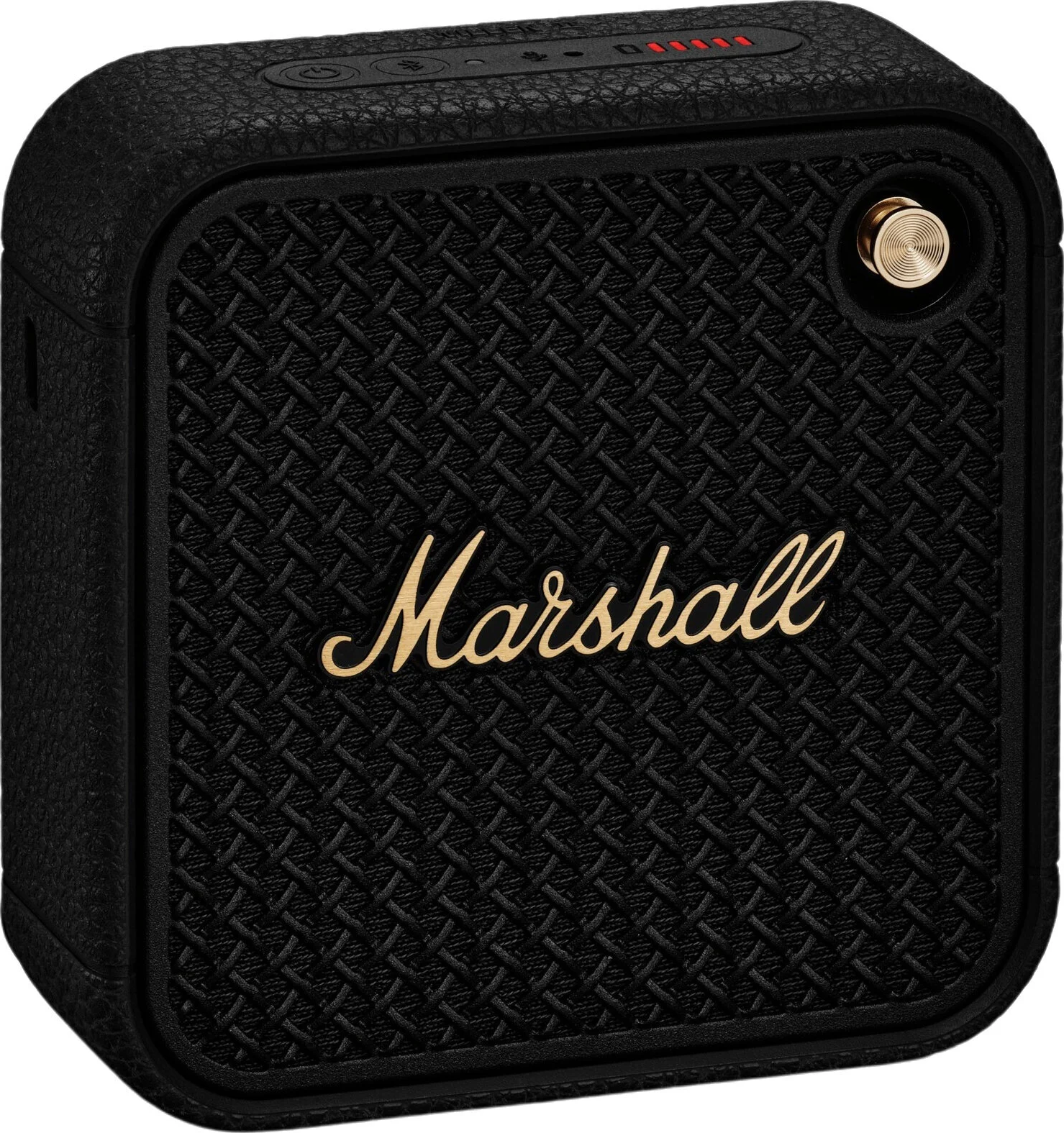 Altoparlante Marshall nero con logo Marshall dorato. Superficie strutturata.