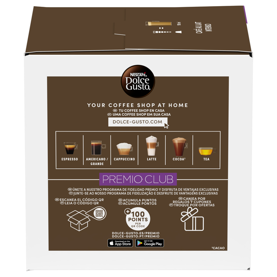 Caja blanca con el logo de Nescafe Dolce Gusto y varias bebidas de café. Texto: "Your Coffee Shop at Home".