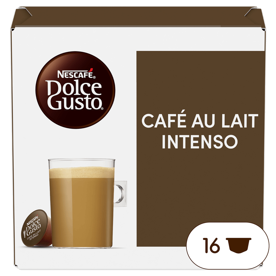 Caja de cápsulas de café Nescafe Dolce Gusto con una taza de café.