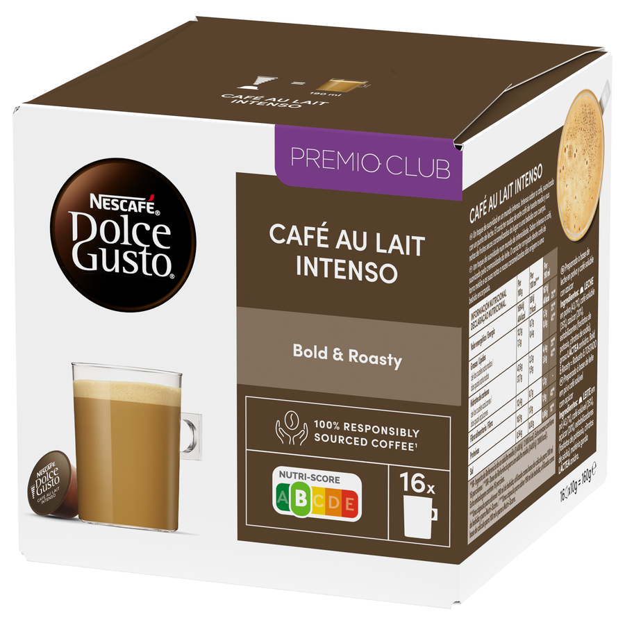 Una caja de cápsulas de café Nescafe Dolce Gusto con una taza de café.