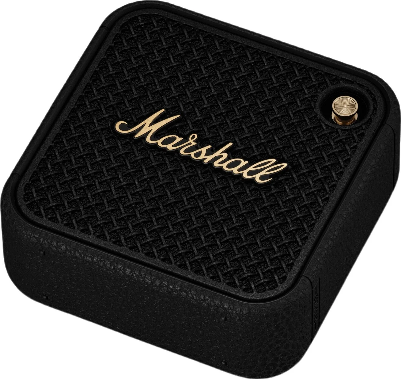 Un altoparlante nero Marshall con il logo Marshall dorato su una superficie strutturata.