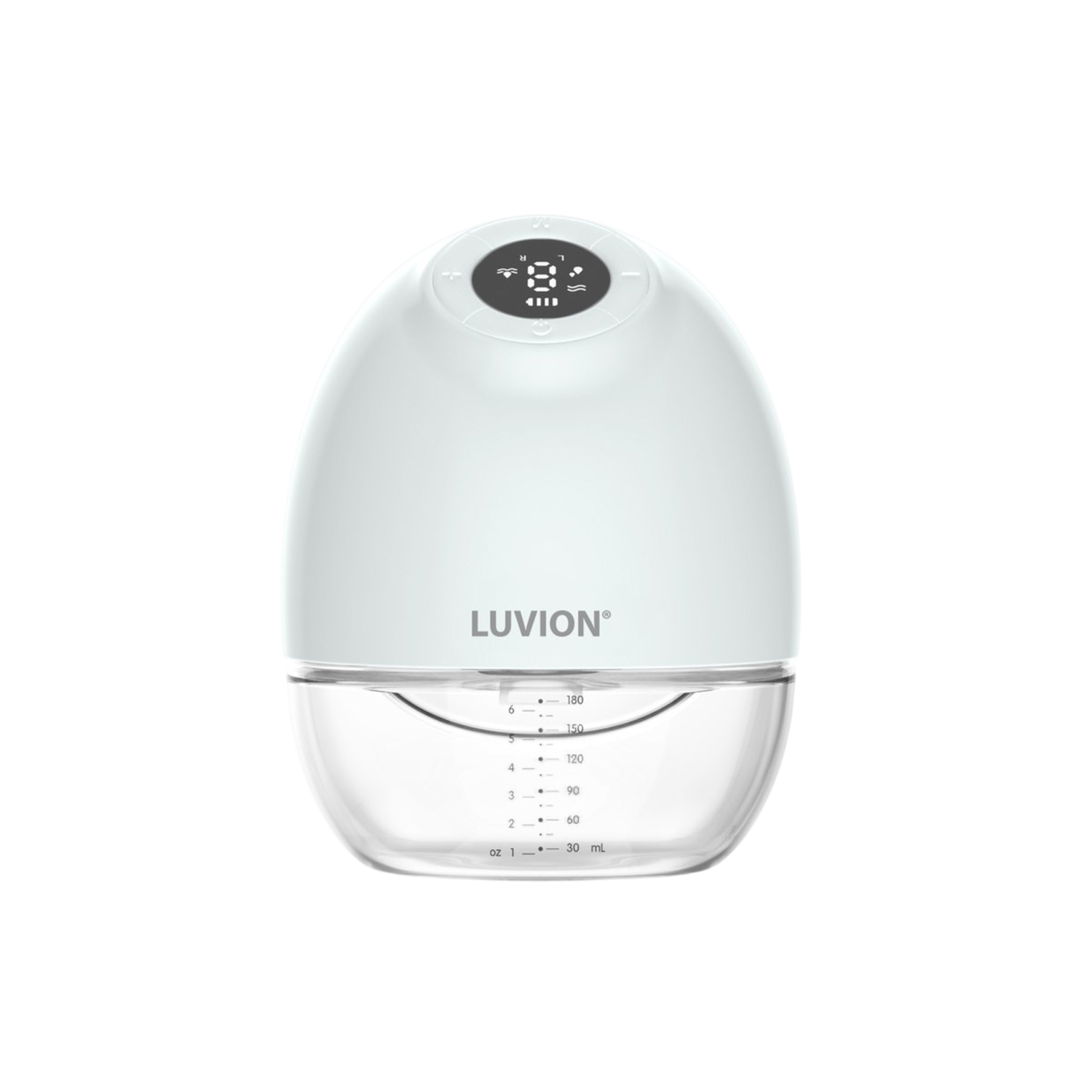 Een witte Luvion borstkolf met een doorzichtige container en digitaal display.