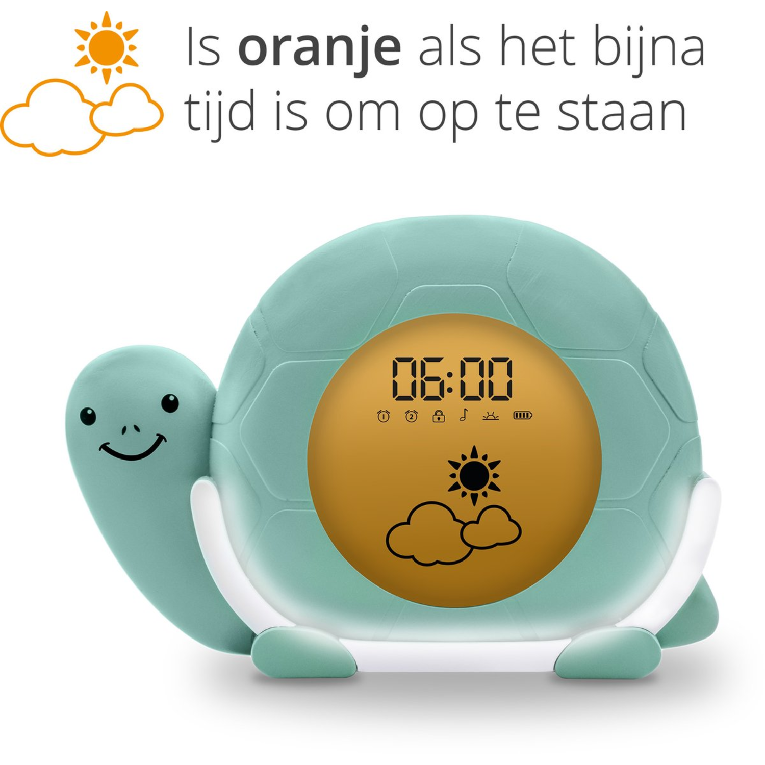 Een turquoise schildpadvormige wekker met een digitaal display met 06:00 en een zon/wolk-icoon.