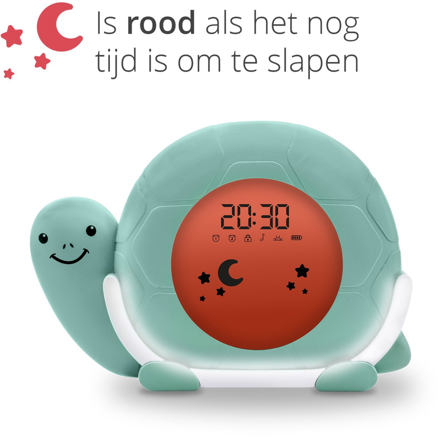 Een blauw-witte schildpadvormige wekker met een rood scherm.