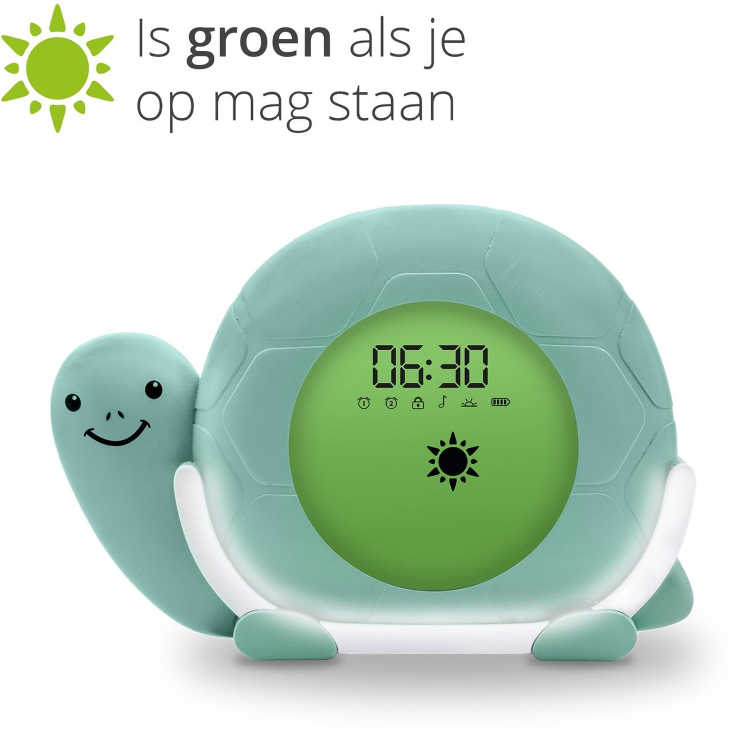 Een schildpadvormige wekker. Het scherm toont de tijd en een zonne-icoon. Groene kleur geeft aan dat opstaan oké is.
