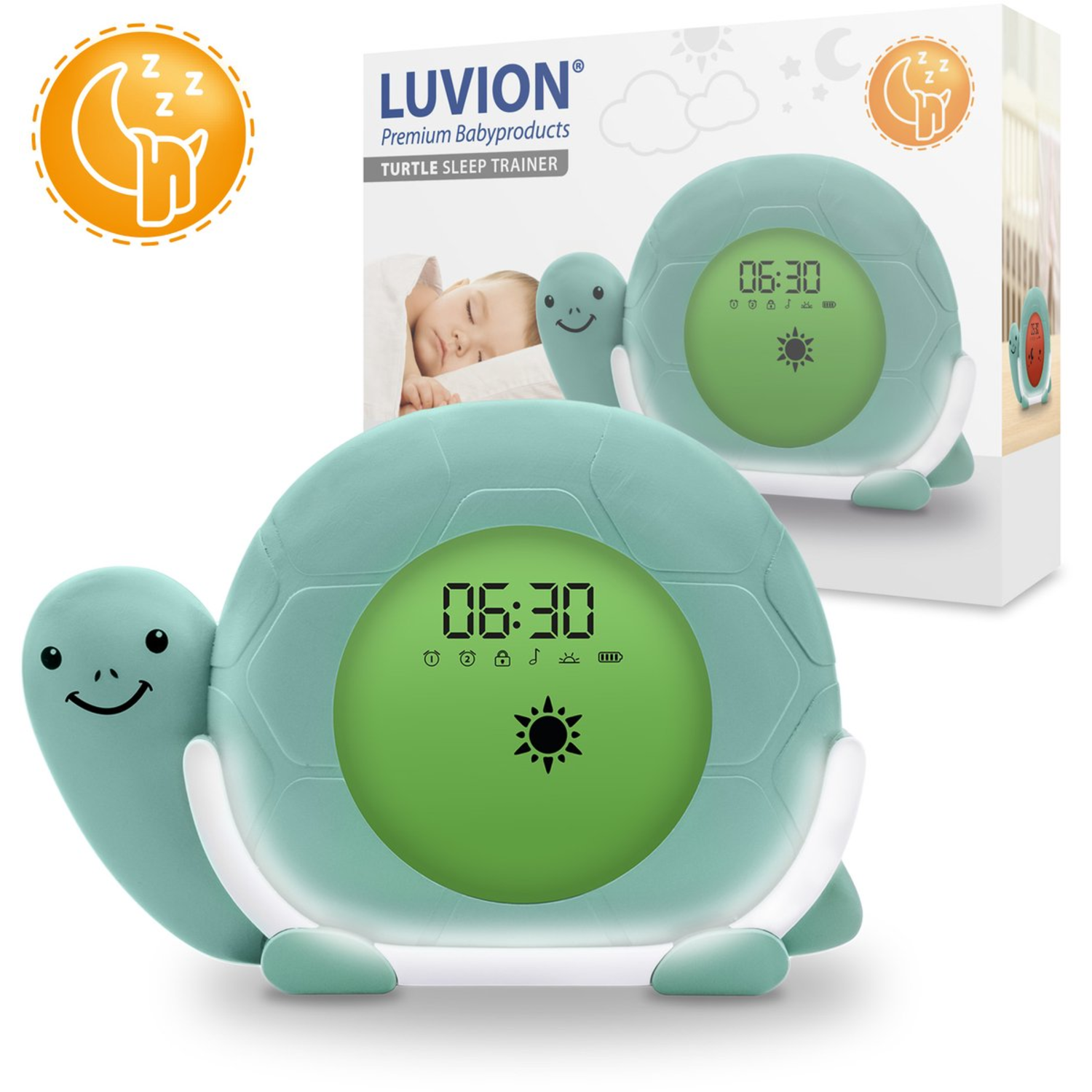 Een groene schildpadvormige slaaptrainer met de tijd 06:30 erop.