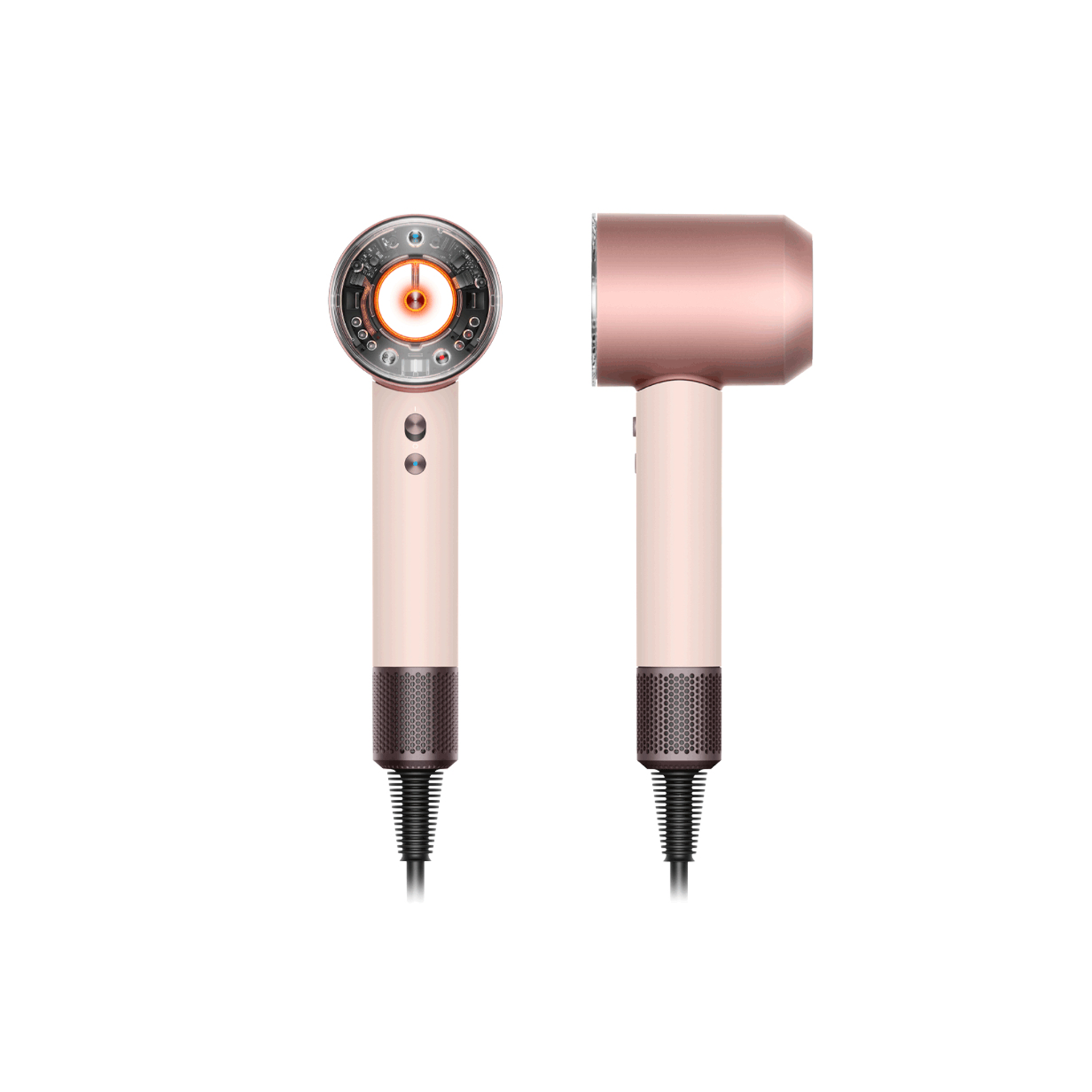 Two hair dryers, rose gold and pink, side by side.