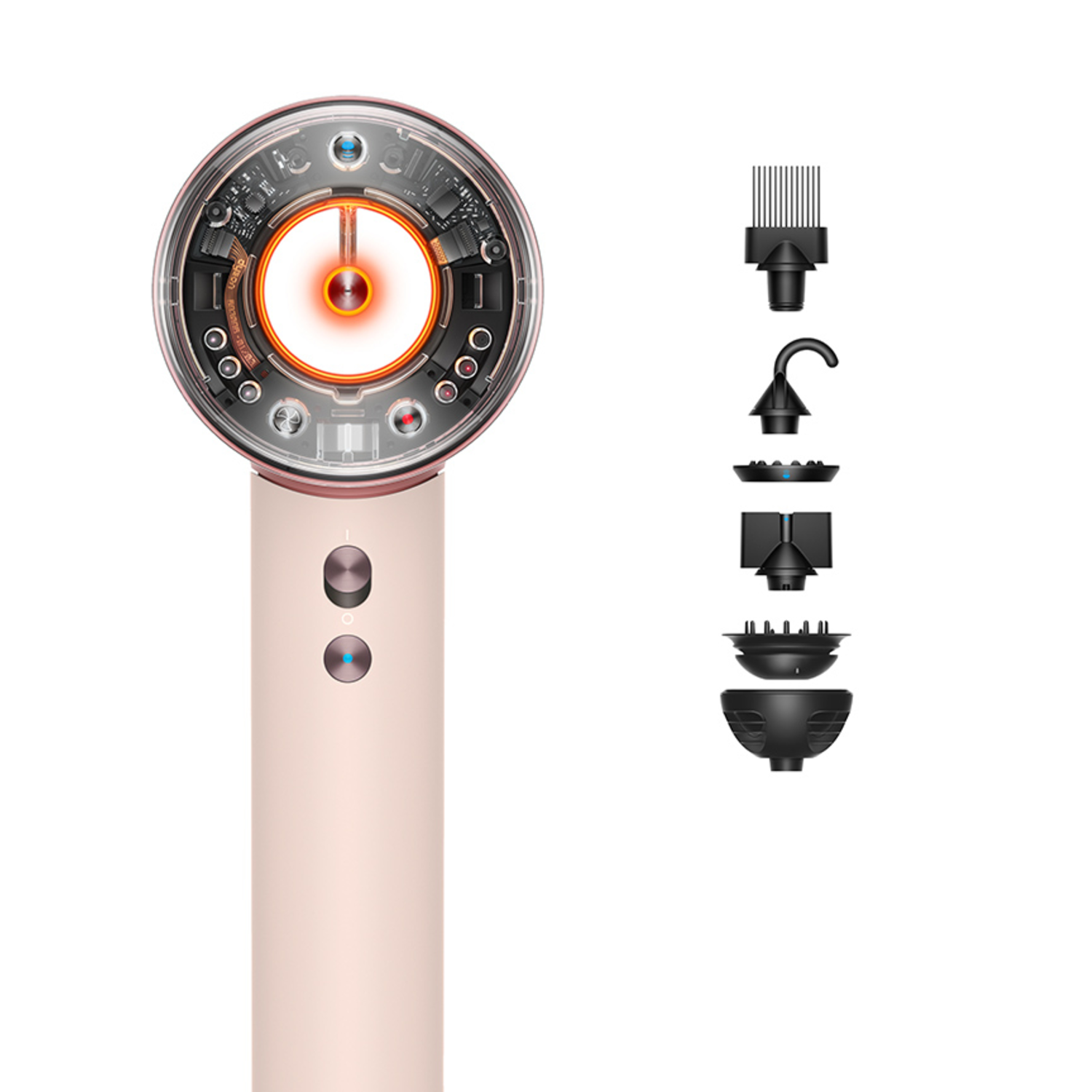 Dyson hair dryer with different attachments. The dryer is pink and the attachments are black.