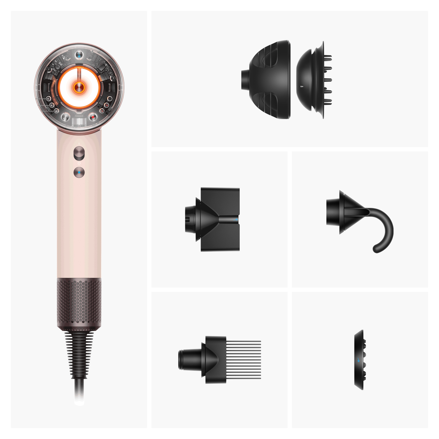 A hairdryer with attachments. The hairdryer is pink and black. The attachments are black.