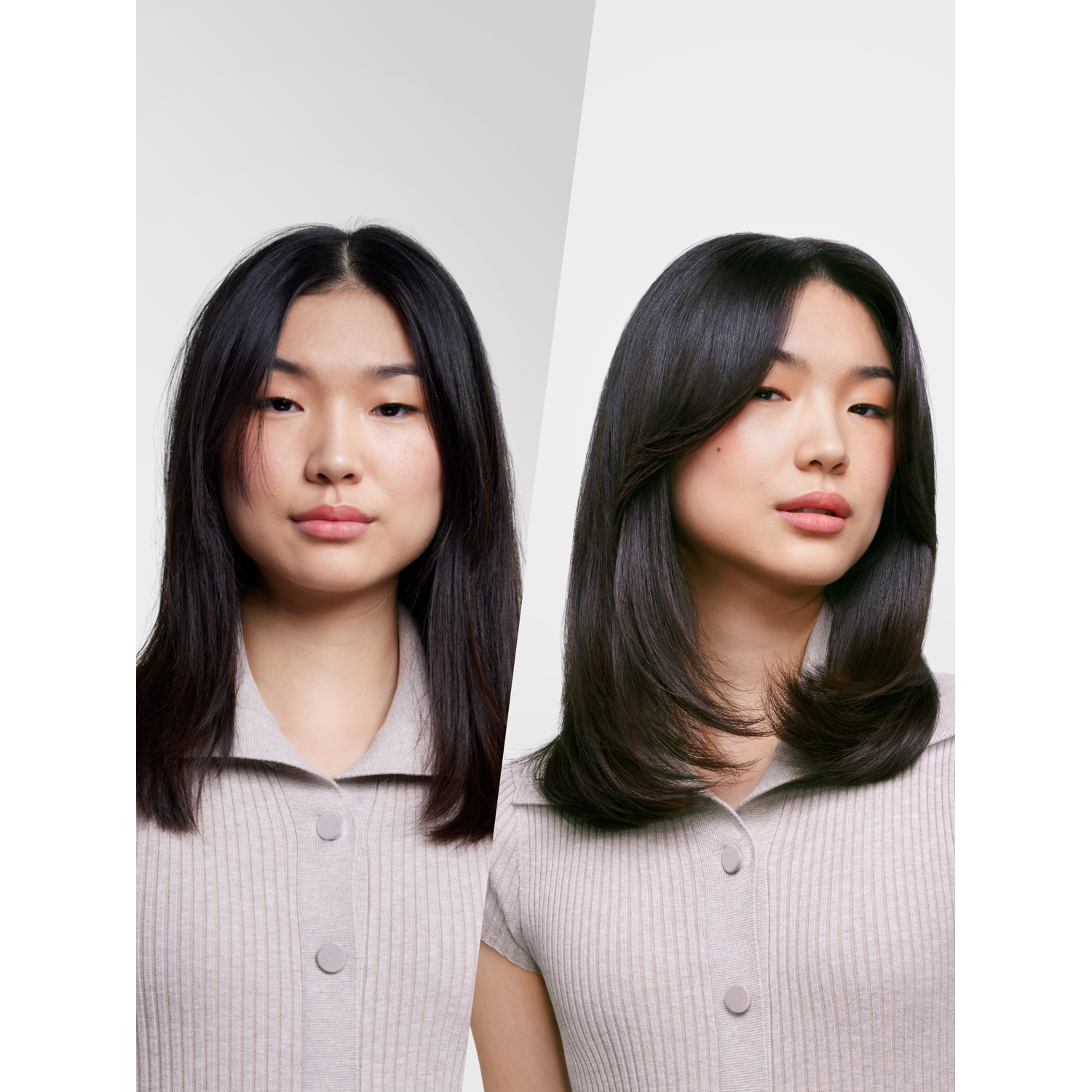 Two women with hair. One has long straight hair, and one has straight, but shorter hair. Both in pink.