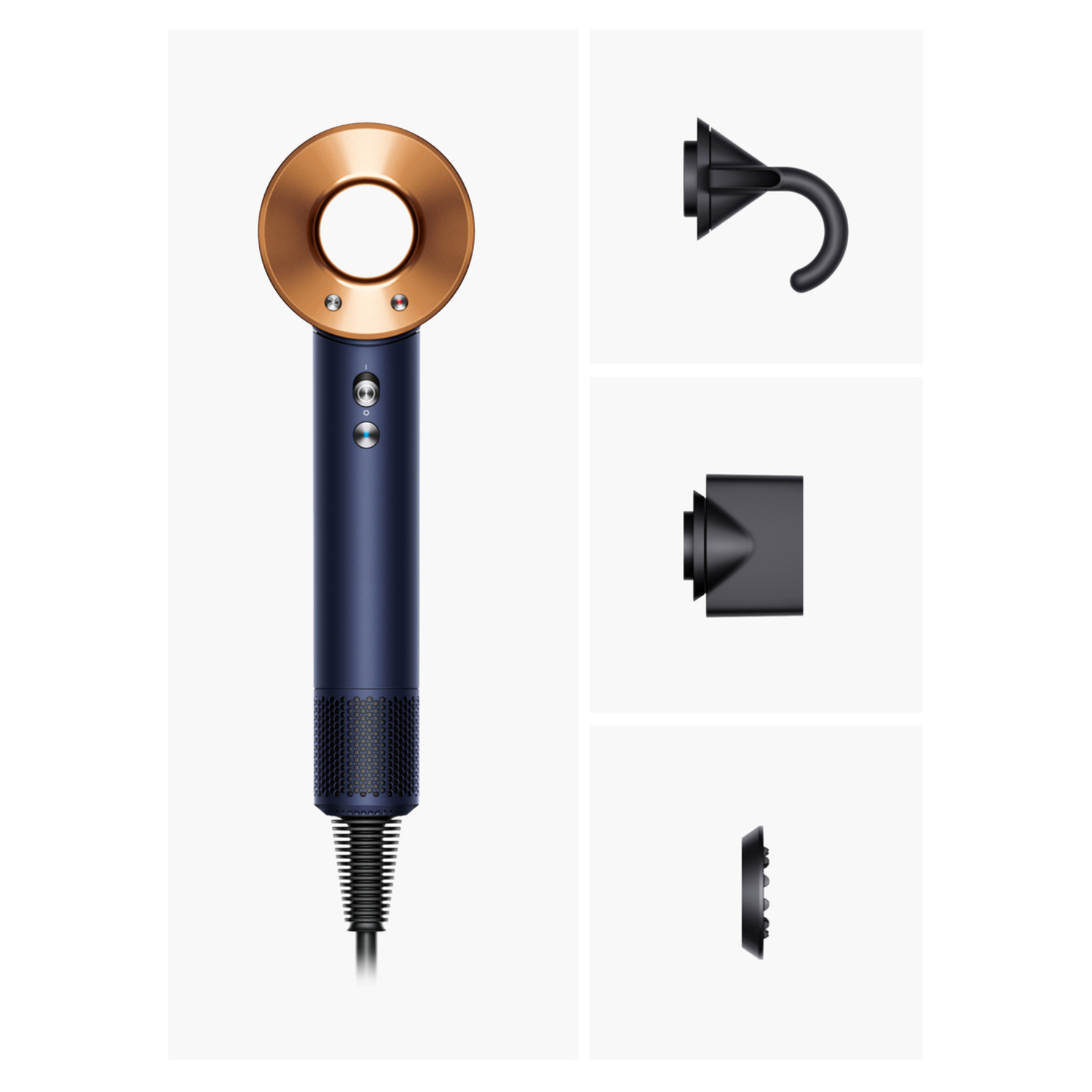 A blue and gold hair dryer with attachments. Various black attachments on white background.