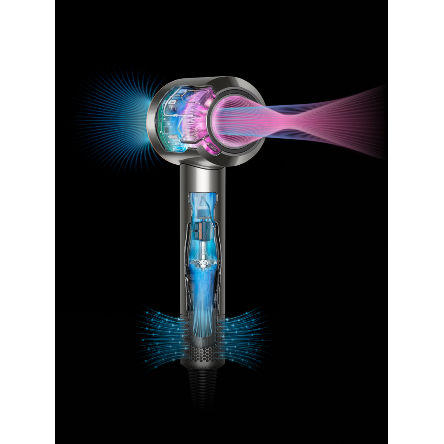 Dyson hair dryer showing airflow and internal components.
